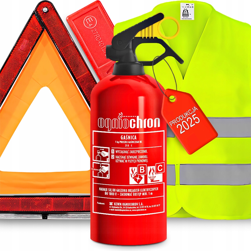 GAŚNICA PROSZKOWA 1KG SAMOCHODOWA TRÓJKĄT OSTRZEGAWCZY W ETUI KAMIZELKA