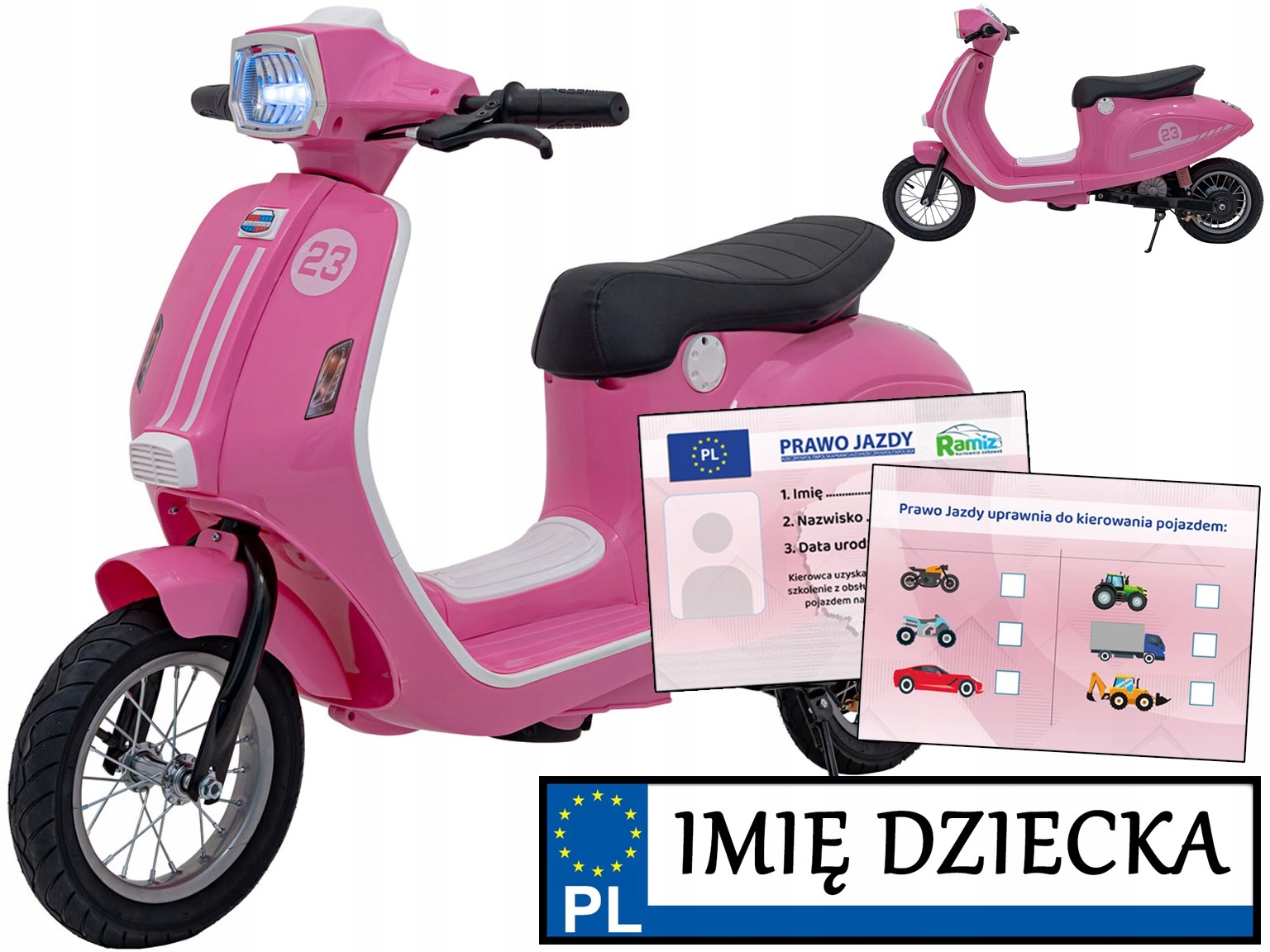 elektryczny Skuter Dla Dziewczynki motorek na akumulator Retro 23 różowy