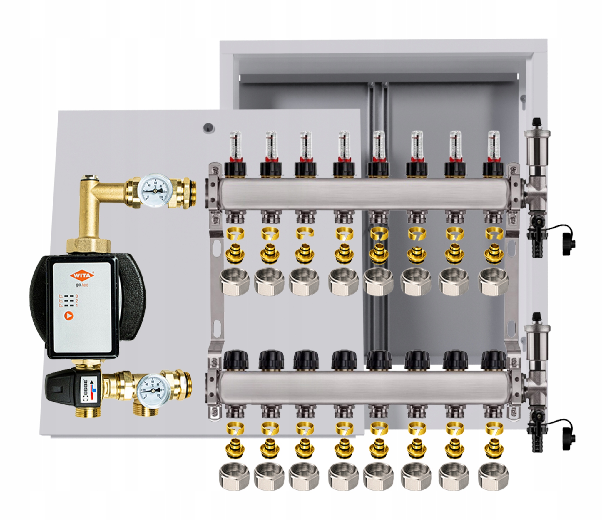 Rozdělovač podlahový nerezový 8 okruhů s čerpadlem Wita box +pex