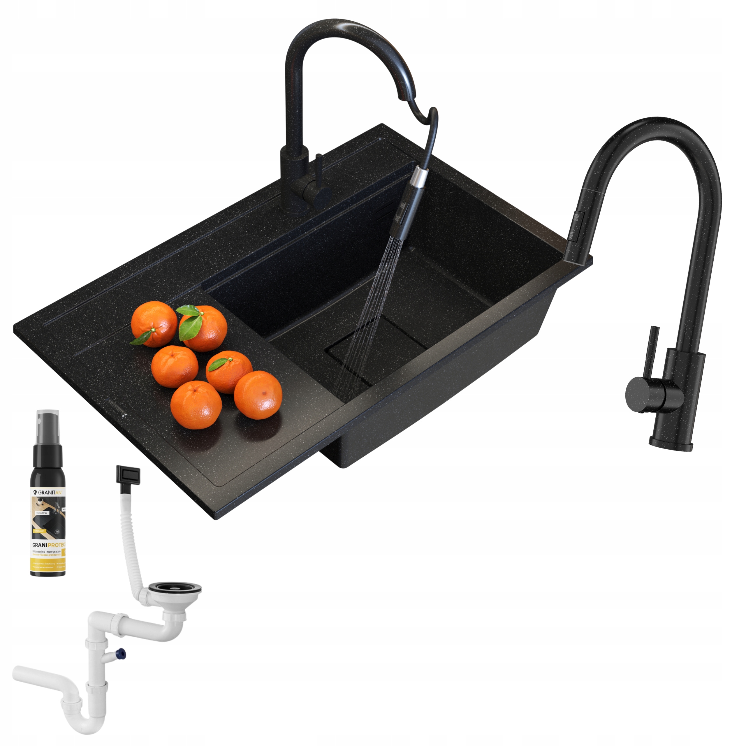 Granitový Drez Rendo Čierny Škvrnitý Kuchynská Batéria Moderný Set