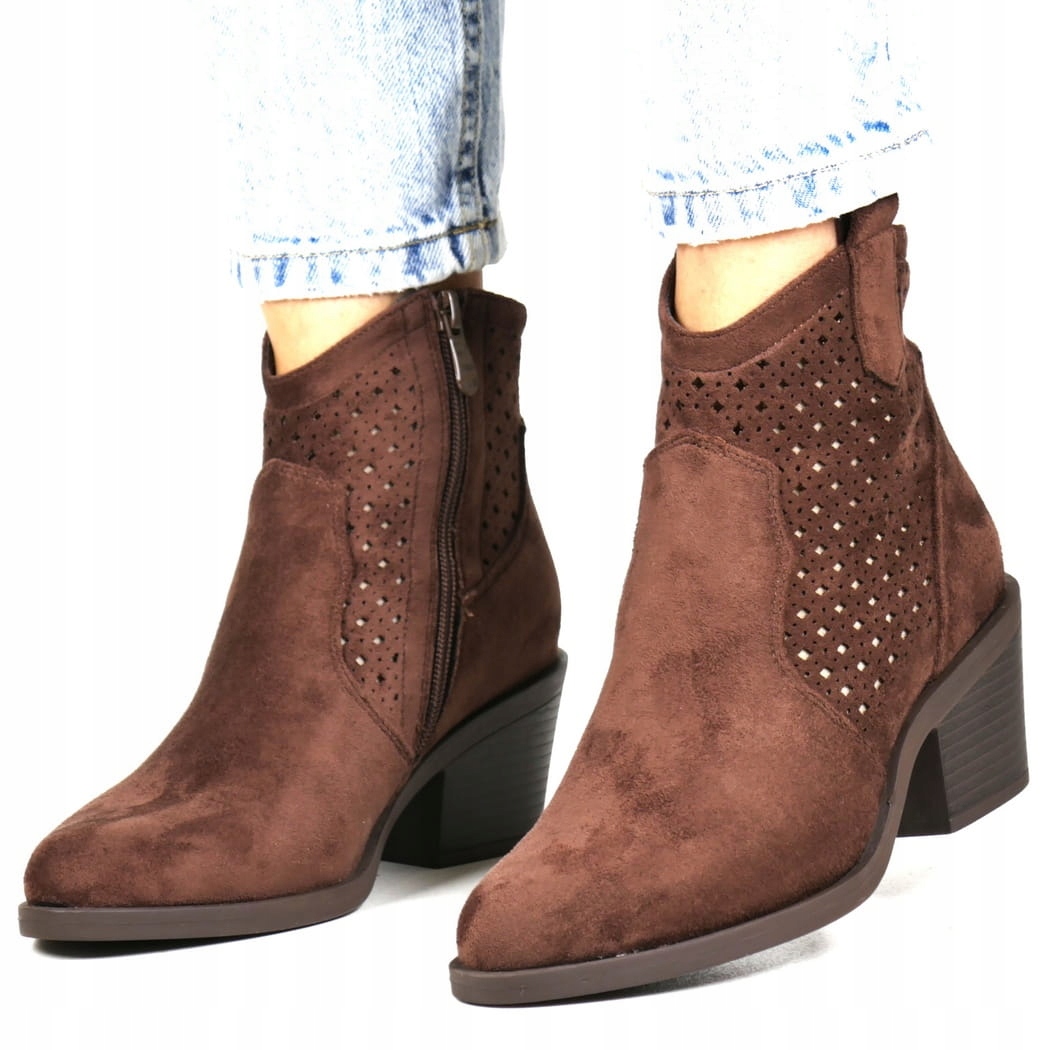 Kotníkové Boty Kovbojské Boty Ažurové Hnědé Čokoládové Semišové Na Zip 40