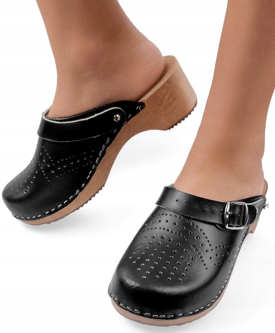 POLSKIE Chodaki Damskie Drewniaki z Klamrą Skórzane Klapki Medyczne *36*