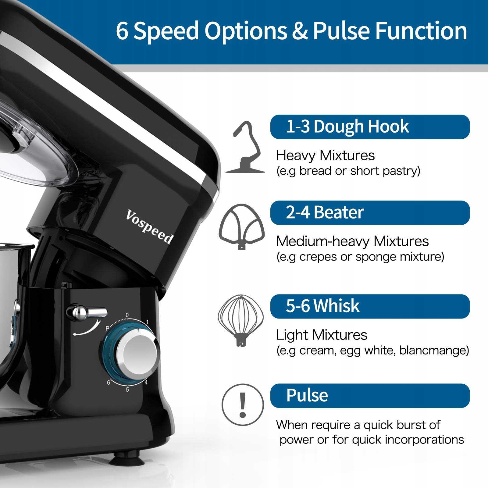 VOSPEED Mikser Kuchenny 1500W 6 Biegów 6.2L Misa Hak Trzepaczka Czarny — miniatura 5