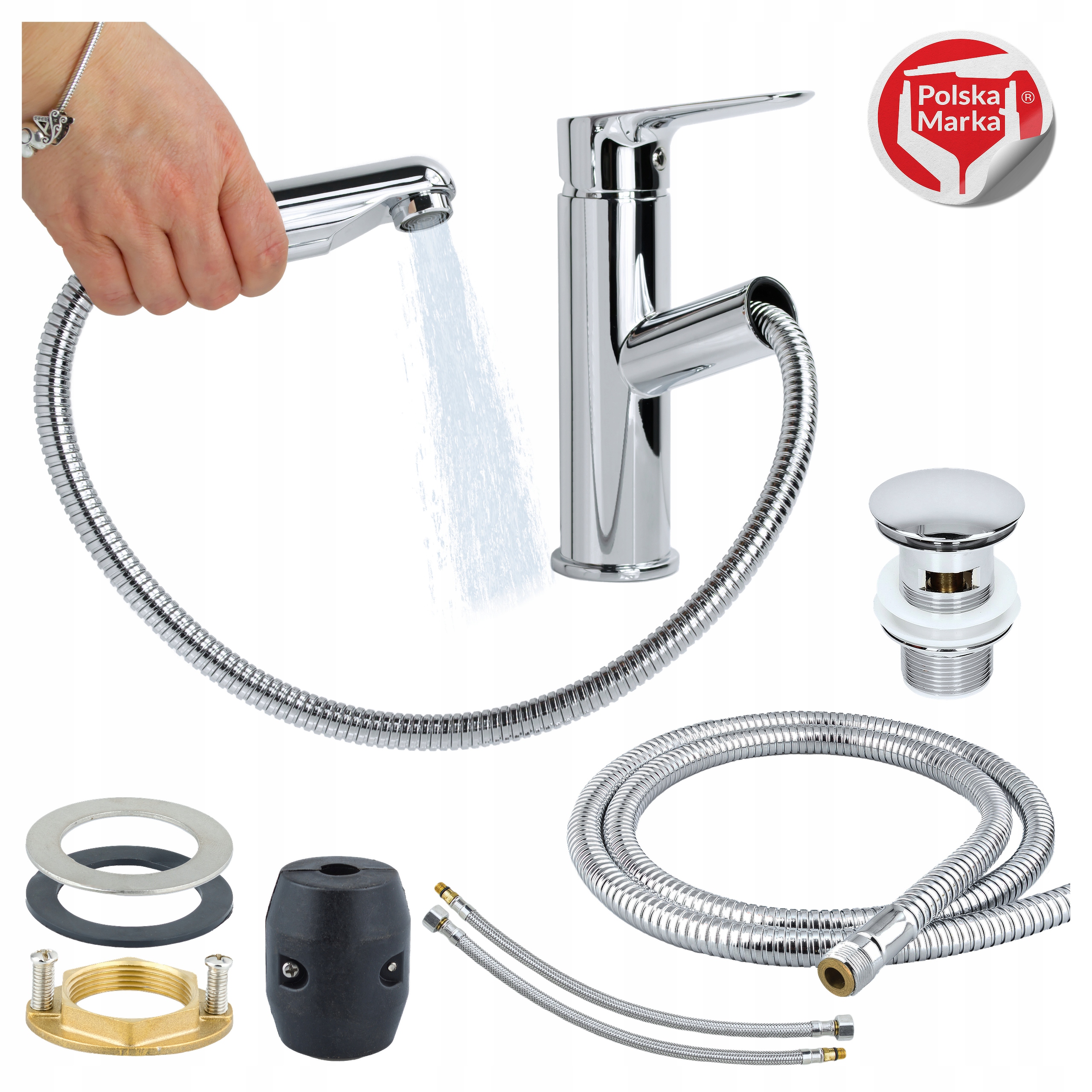 Umývadlová batéria s výsuvným výtokom a hadicou na umývadlo, zátka Sotbe