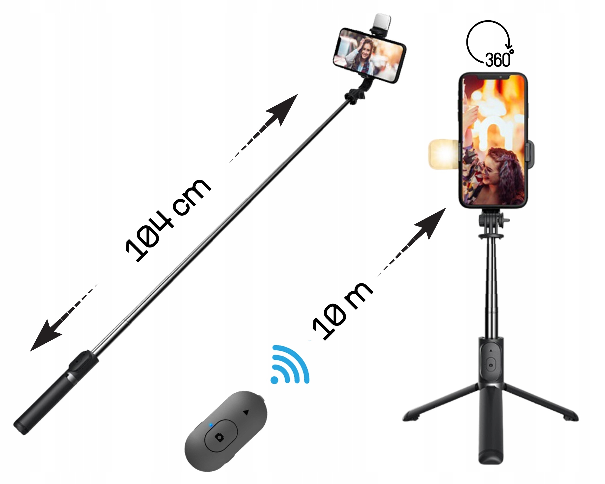 KIJEK DO SELFIE STICK TRIPOD STATYW z PILOTEM z LAMPA BLUETOOTH 104cm 360° Model Q02s