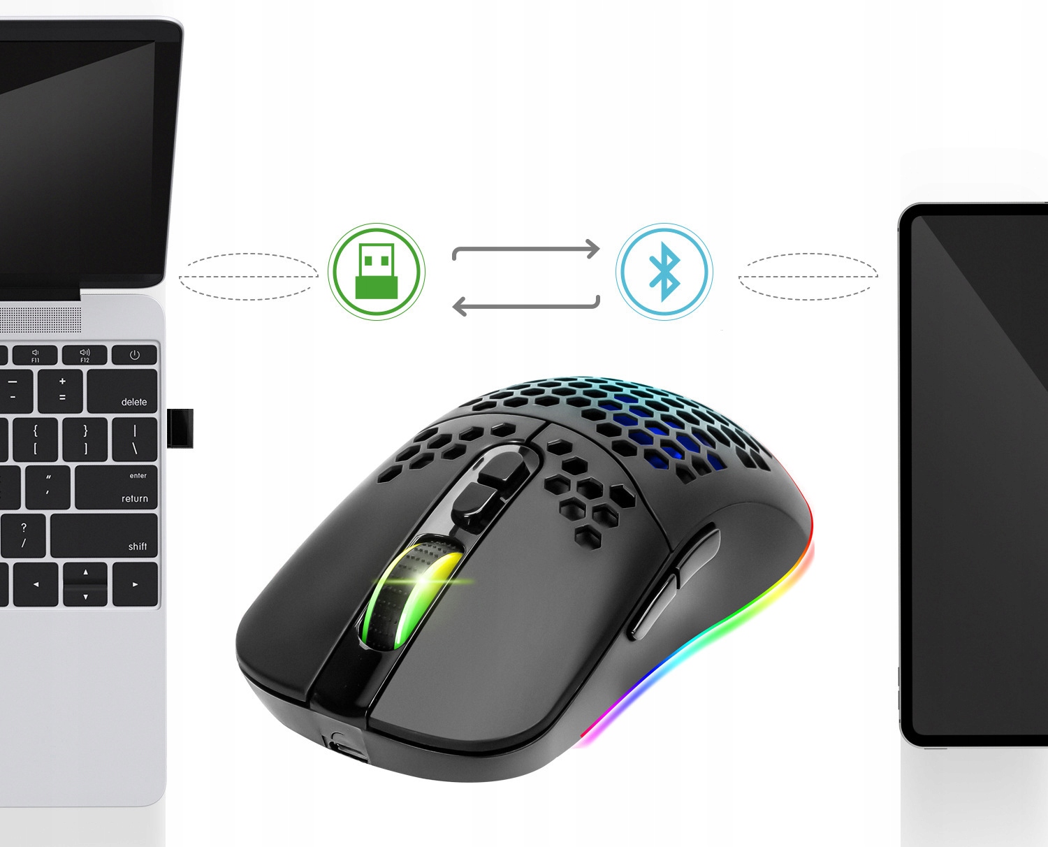 MYSZ BEZPRZEWODOWA MYSZKA GAMINGOWA Cicha Bluetooth 7 PRZYCISKÓW GIER RGB Rozdzielczość myszy 2400 dpi