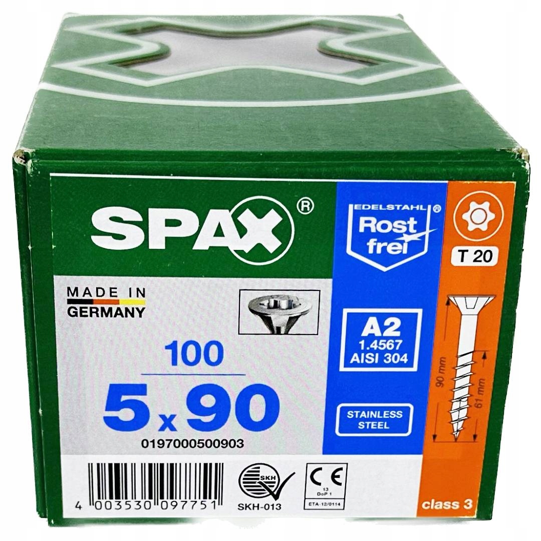 Nerezové vruty 5x90 mm, vruty do dřeva 100 ks, Ocel A2 Spax