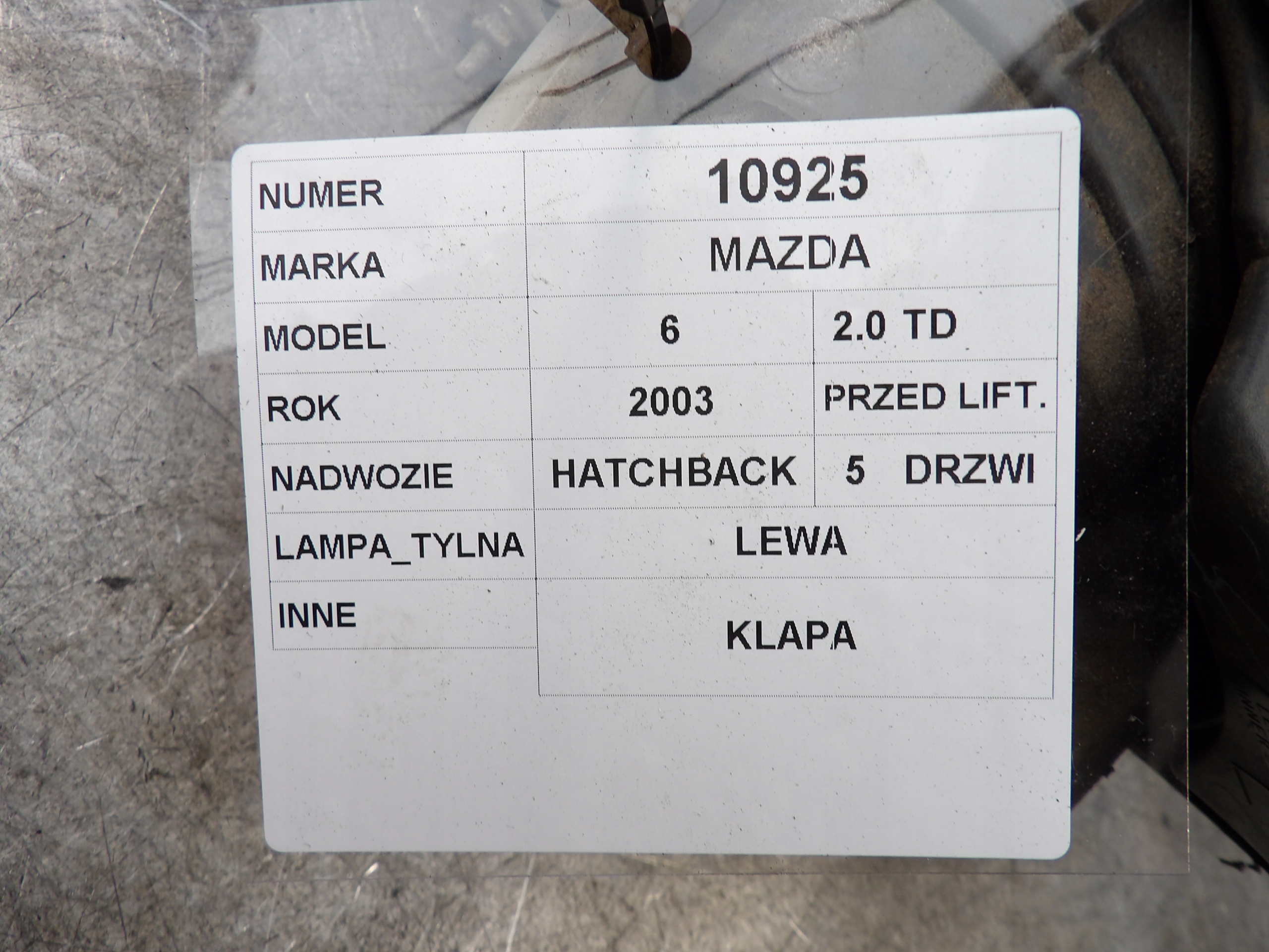 Mazda 6 light rear left trunk door 2,0td