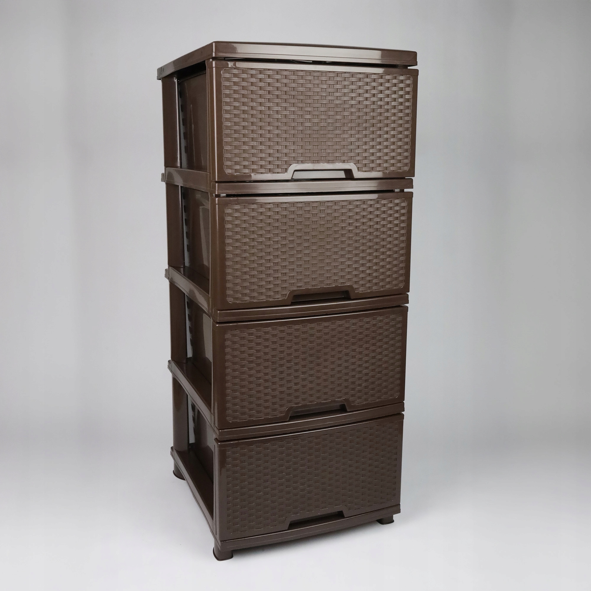 REGAŁ ŁAZIENKOWY BRĄZOWA KOMODA STOJAK SŁUPEK SZAFKA Z 4 KOSZAMI RATTAN