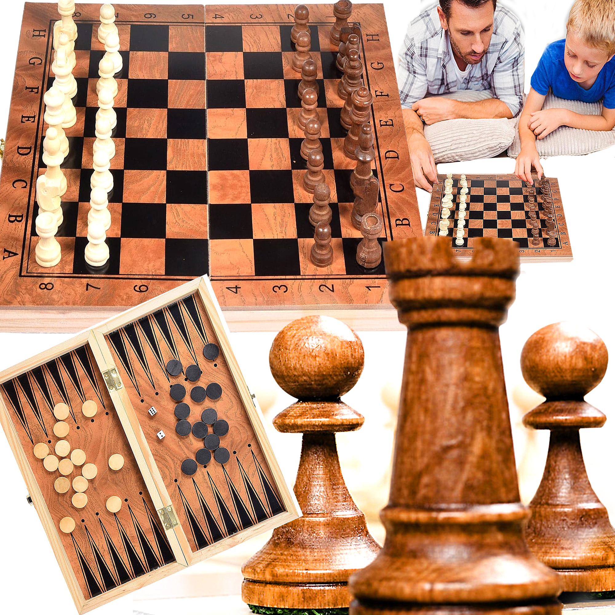 ZESTAW 3W1 DUŻE SZACHY DREWNIANE KLASYCZNE WARCABY TRYKTRAK GRA 34 x 34cm