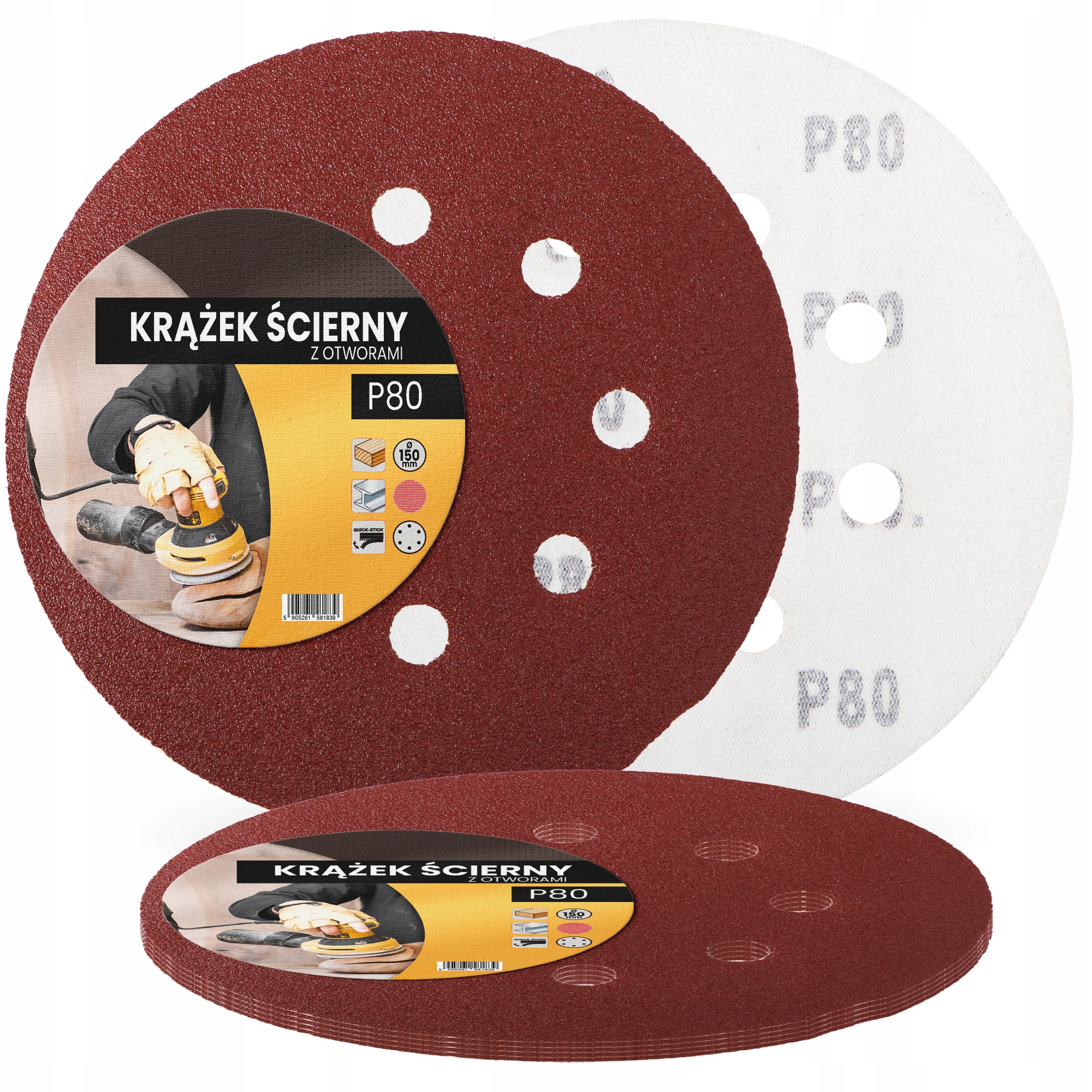Papier Ścierny Krążek Rzep Otwory 150mm P80 Krążki Tarcza Szlifowania
