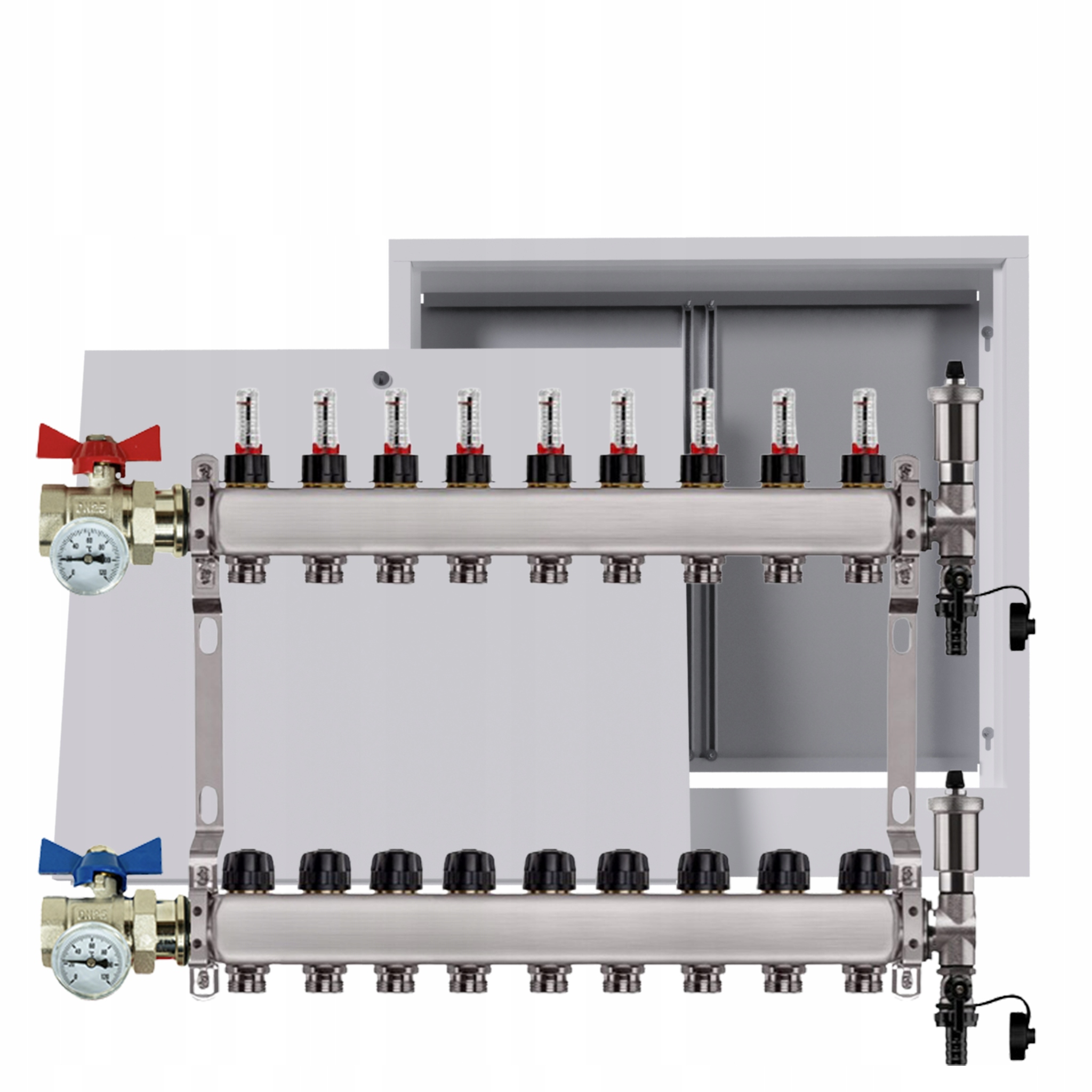 Nerezový rozdělovač podlah 9 okruhů nástěnná skříňka ventily