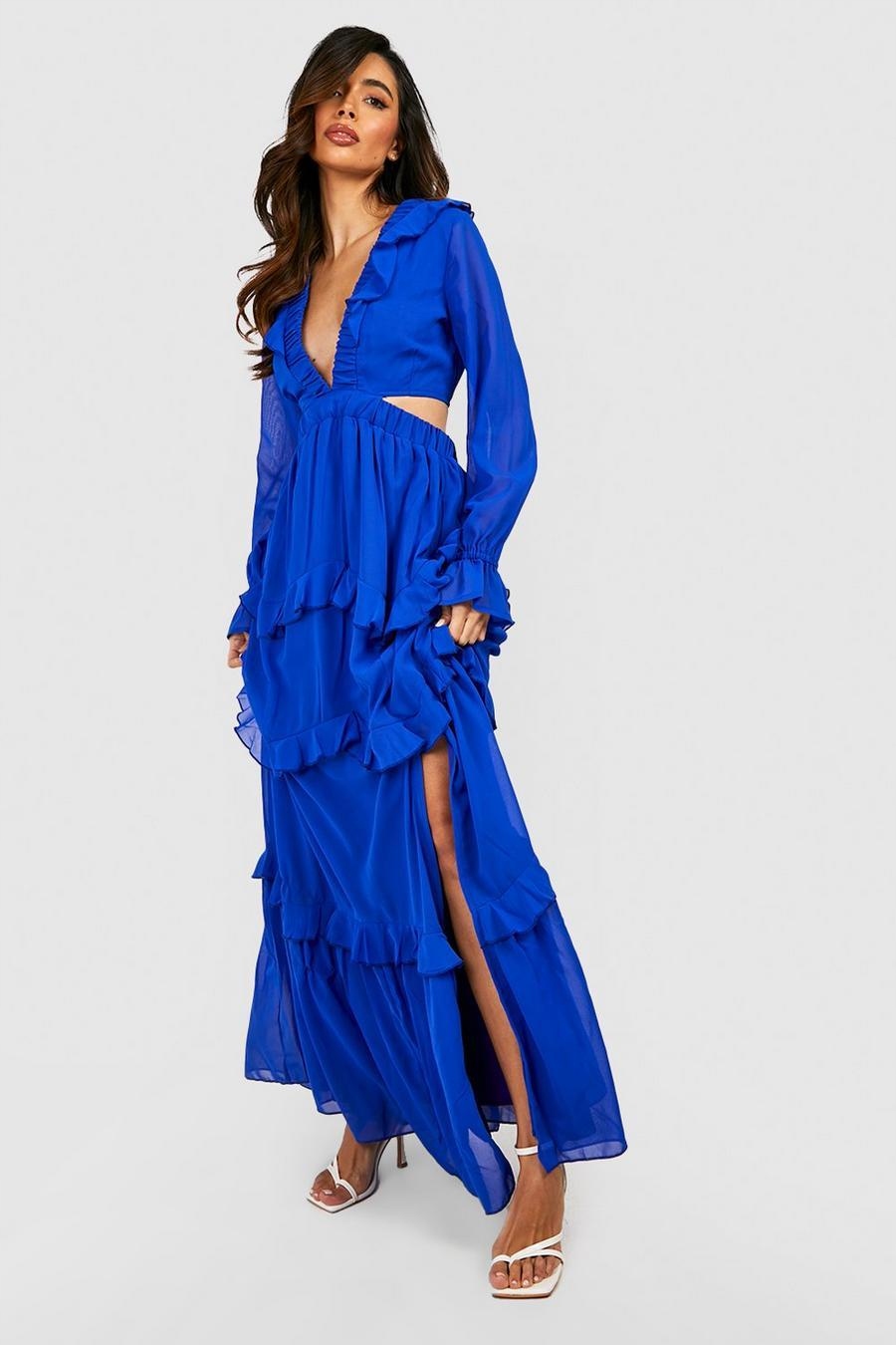 CC37309 Boohoo Šifonová Šaty Maxi Volánový Rozparek (32) 46
