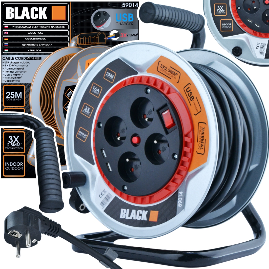 Prodlužovací Kabel Bubnový Kovový 25M 4G 2x Usb 3x2,5 Kabel Black Weekend Only