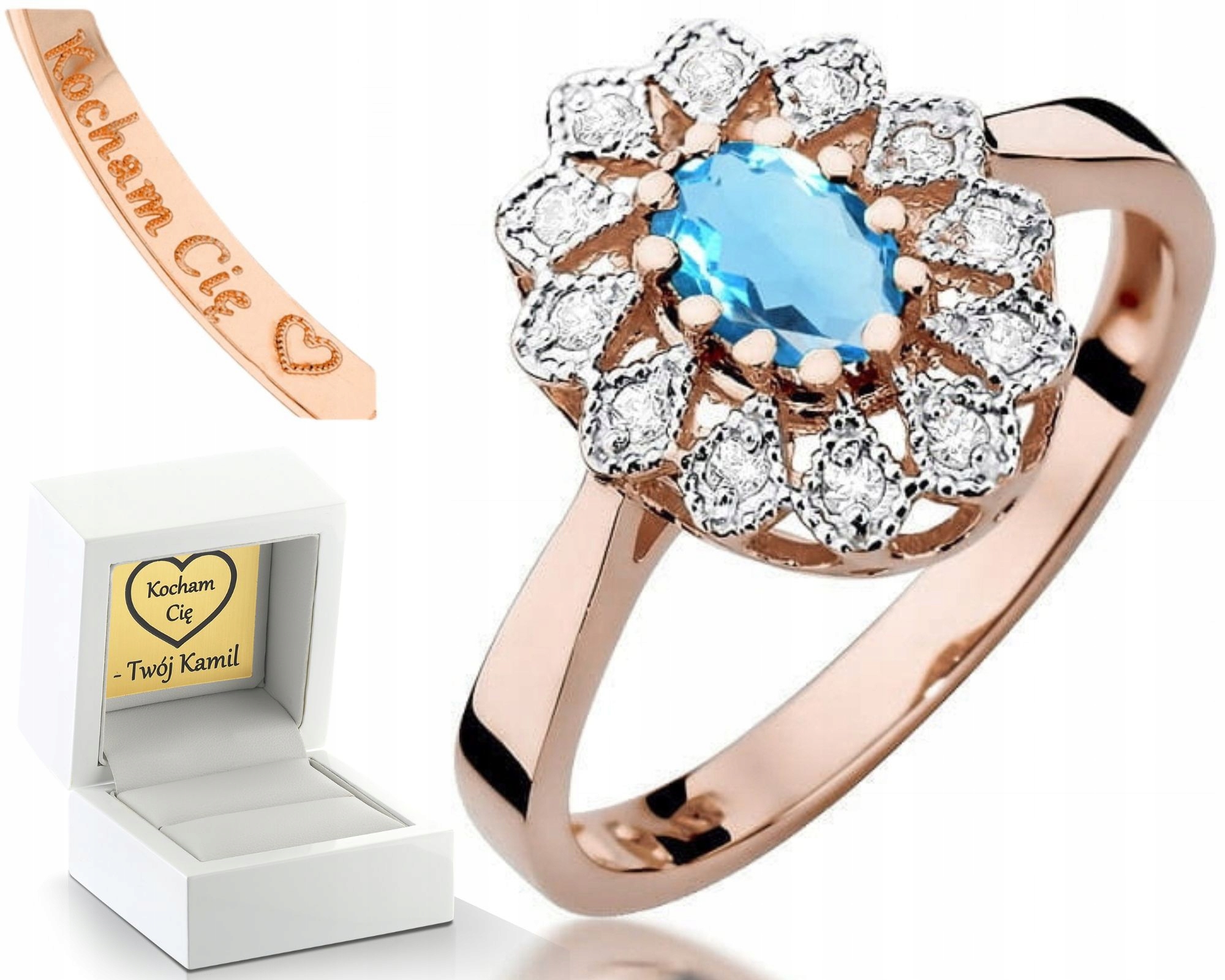 Zásnubní Prstýnek Růžové Zlato Topaz A Diamanty Gravírování 585 Dárek