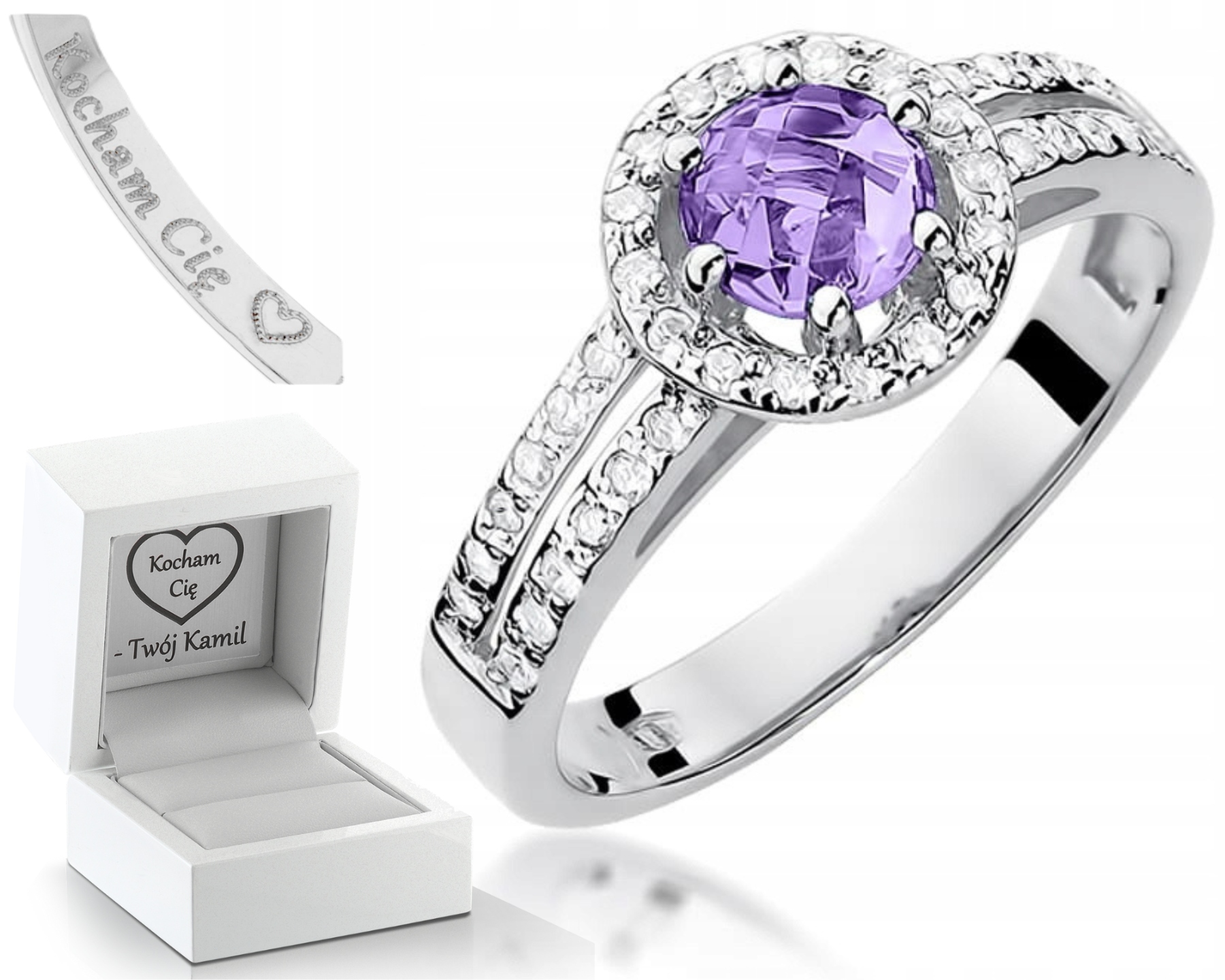 Prstýnek Ametyst Diamanty Bílé Zlato Gravírování