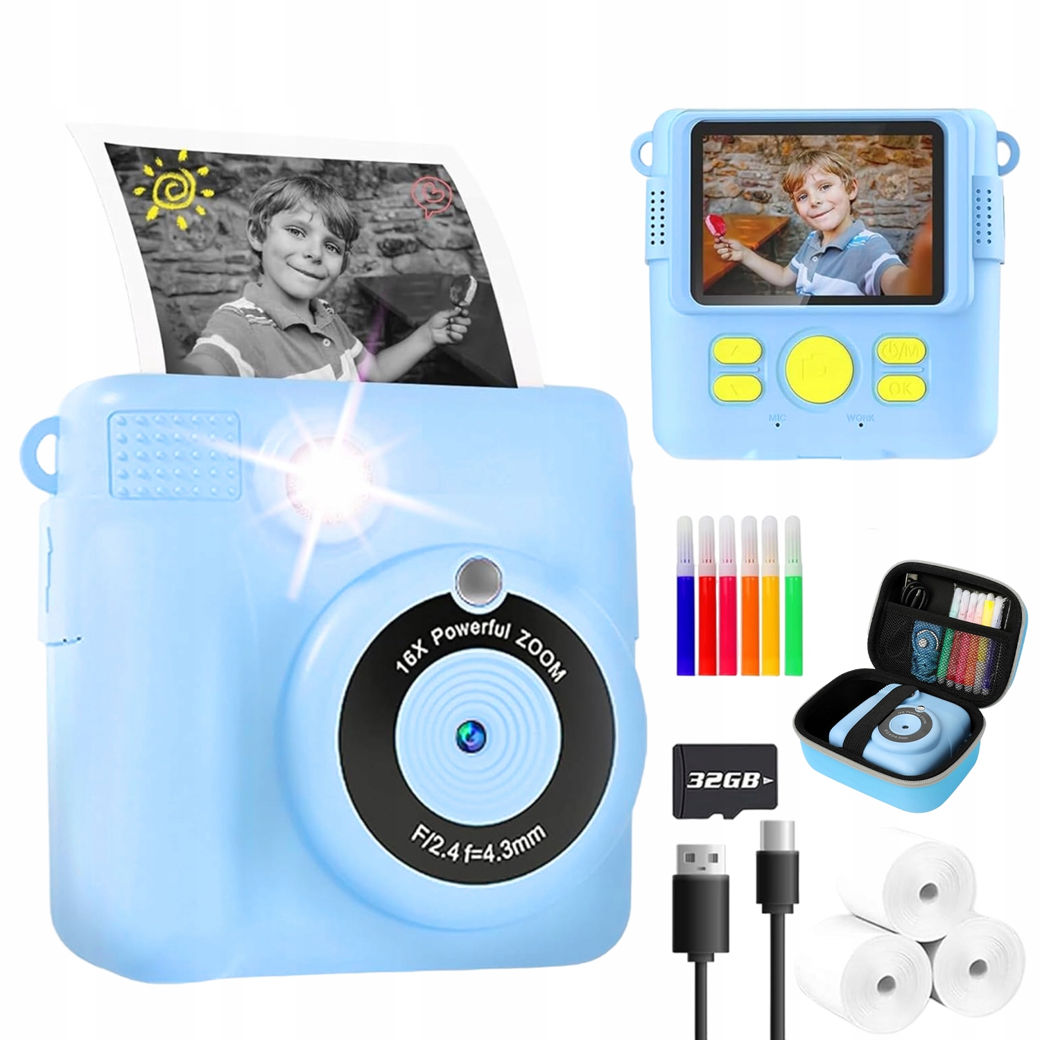 Mini Termotiskárna Instantní Fotoaparát 3 Role 32 Gb Karta Pouzdro