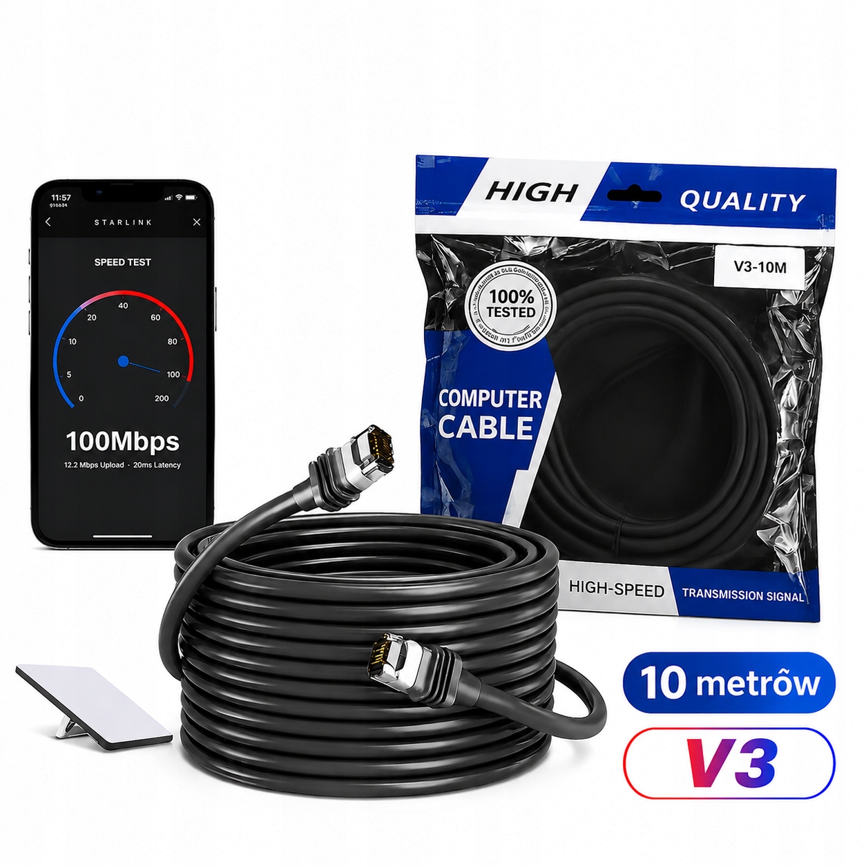 Ethernetový kabel Starlink V3 Gen3 Cat6 1200 Mbps satelitní kabel 10 m