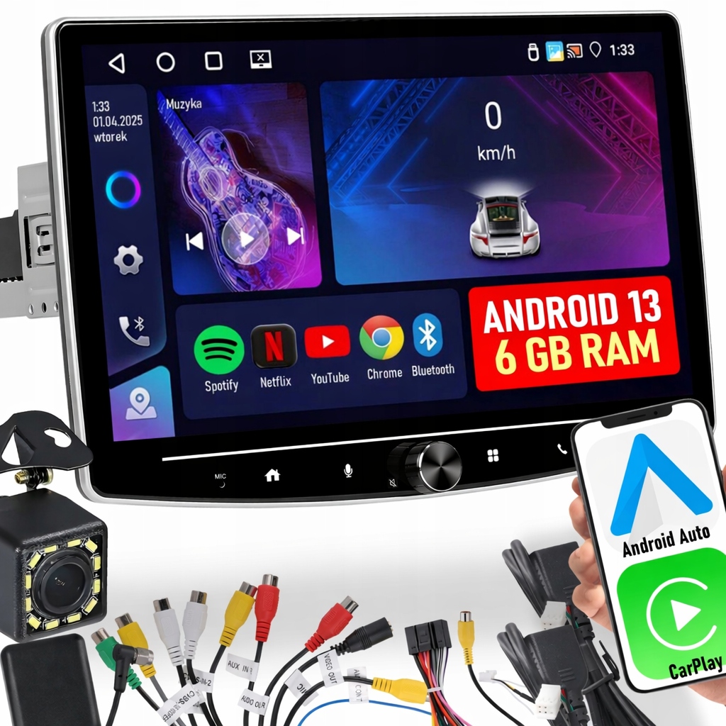 Autorádio 1 Din 10'' Carplay Android Wifi Gps Dotykové Fm 6GB/128GB