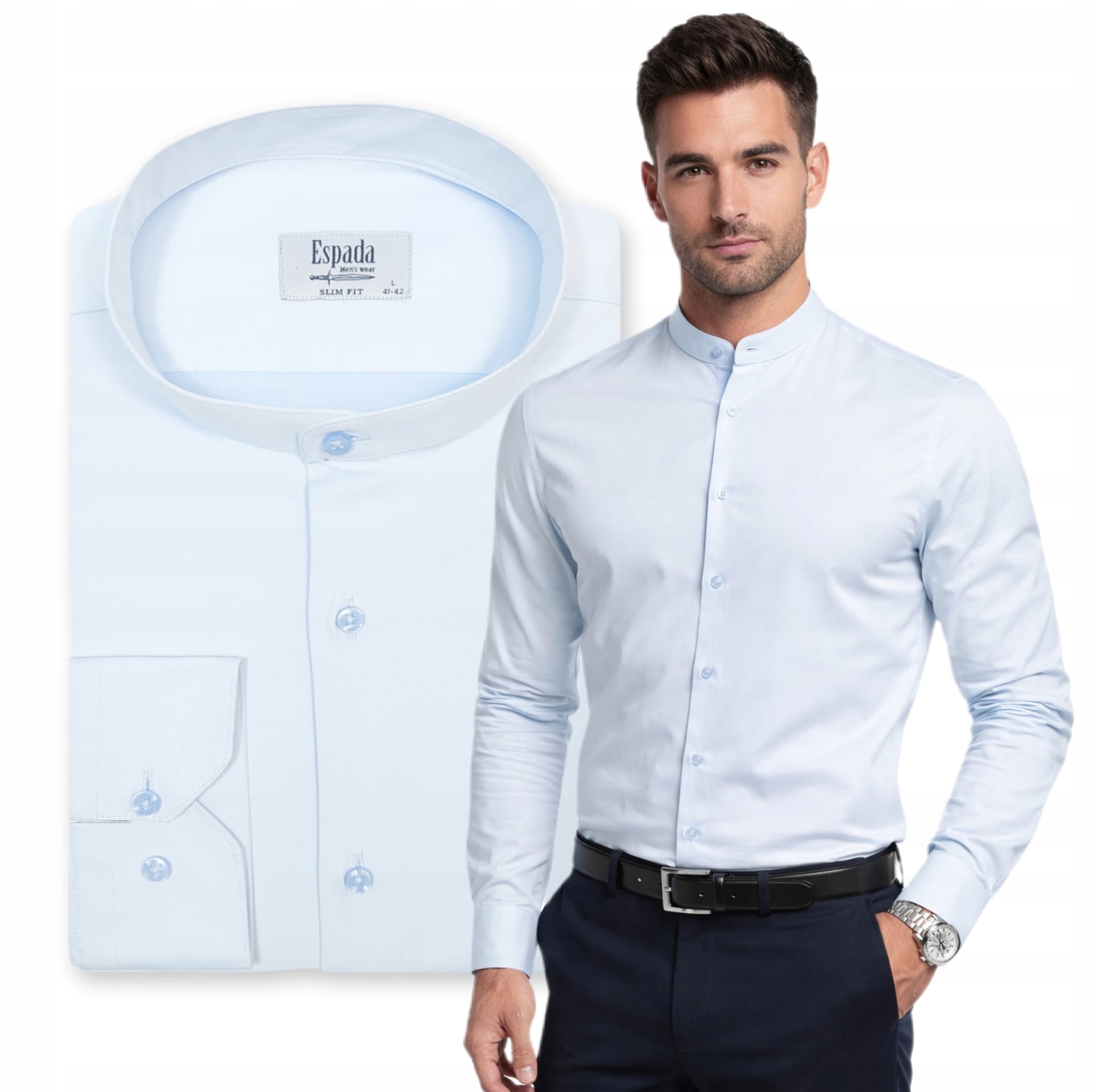 Pánská košile se stojáčkem Modrá Bavlněná Návštěvnická Elegantní Slim vel. S