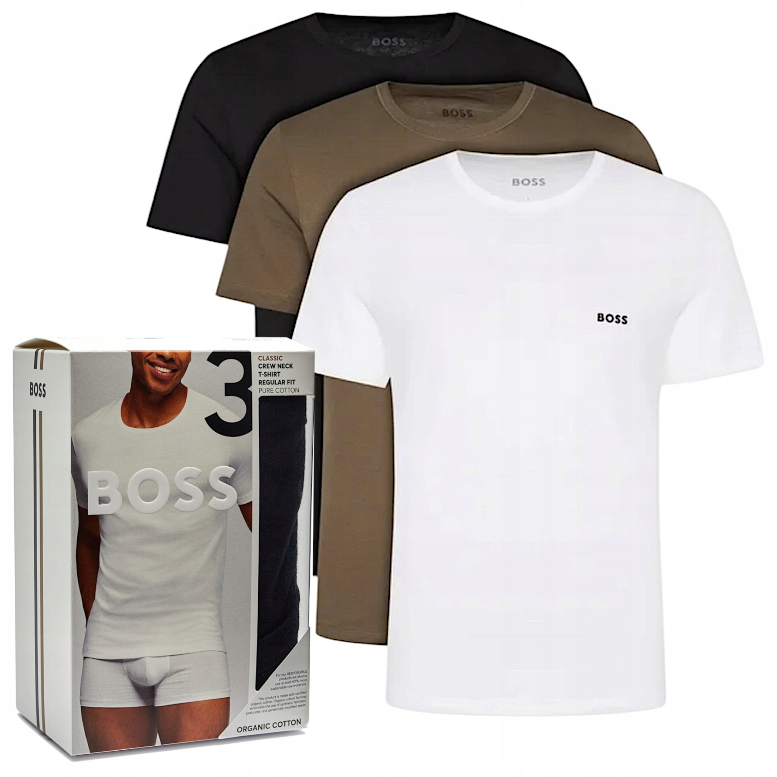 Pánské tričko Hugo Boss černá bílá khaki z organické bavlny, 3 balení vel. L