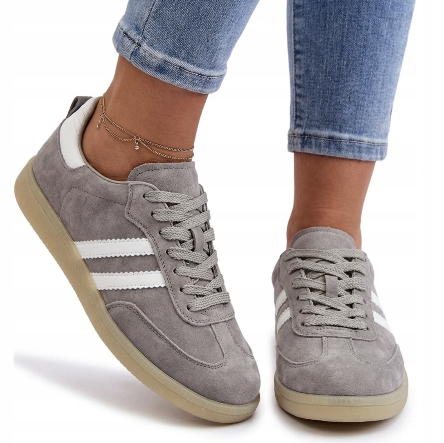 Skórzane Sneakersy Damskie Półbuty Trampki Cambell 98326 Buty Szare 40