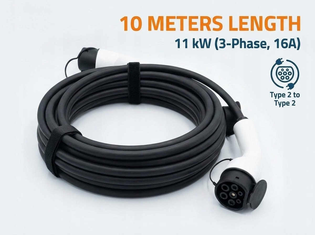 Nabíjecí kabel Typ 2 na Typ 2 (11kW, 16A, 3f) Délka 10m, Černý, IP55