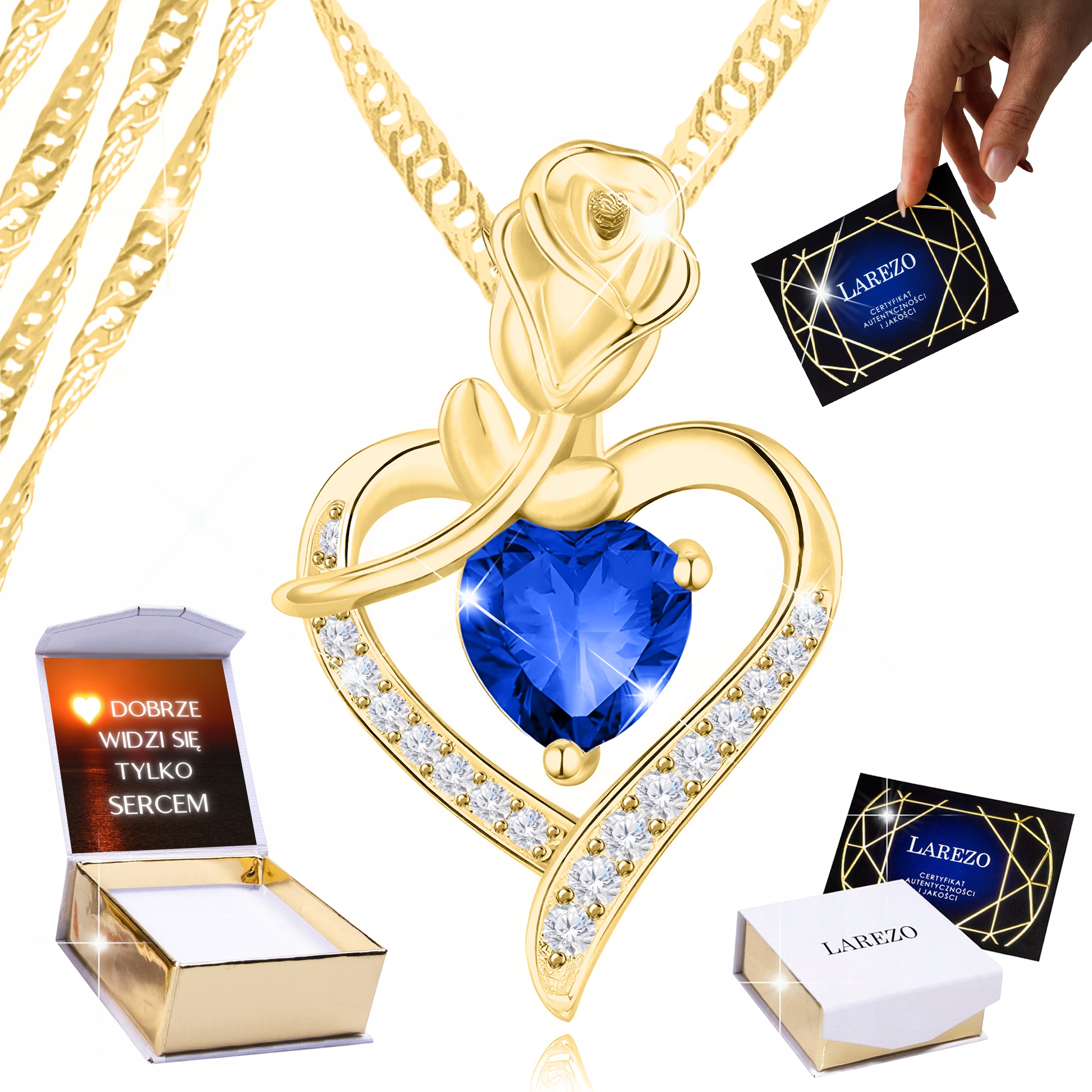 Zlatý náhrdelník 925 Modré srdce Srdíčko s růží a zirkony Potisk