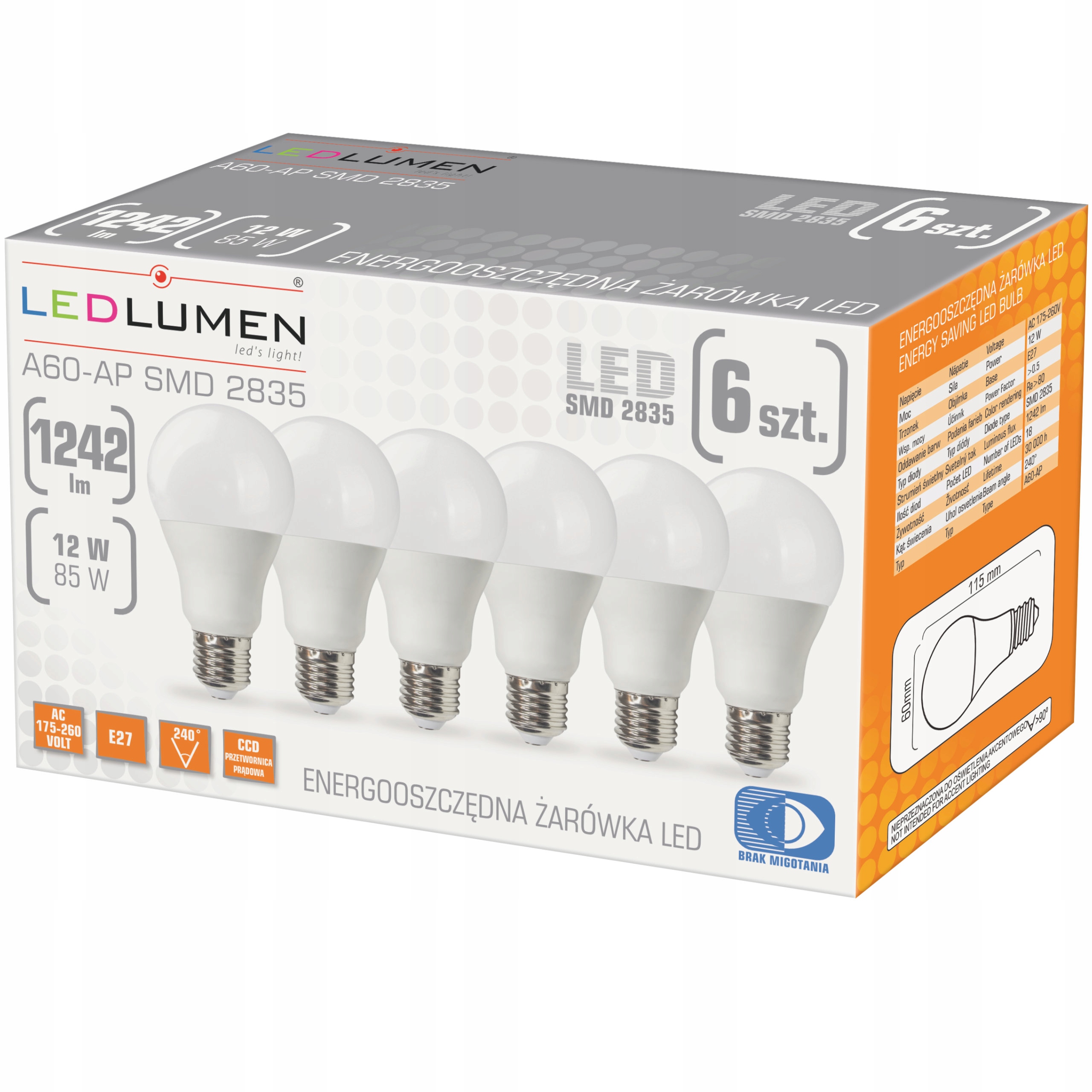 

Zestaw 6x Żarówka Led E27 A60 12W=85W 1242lm CCD