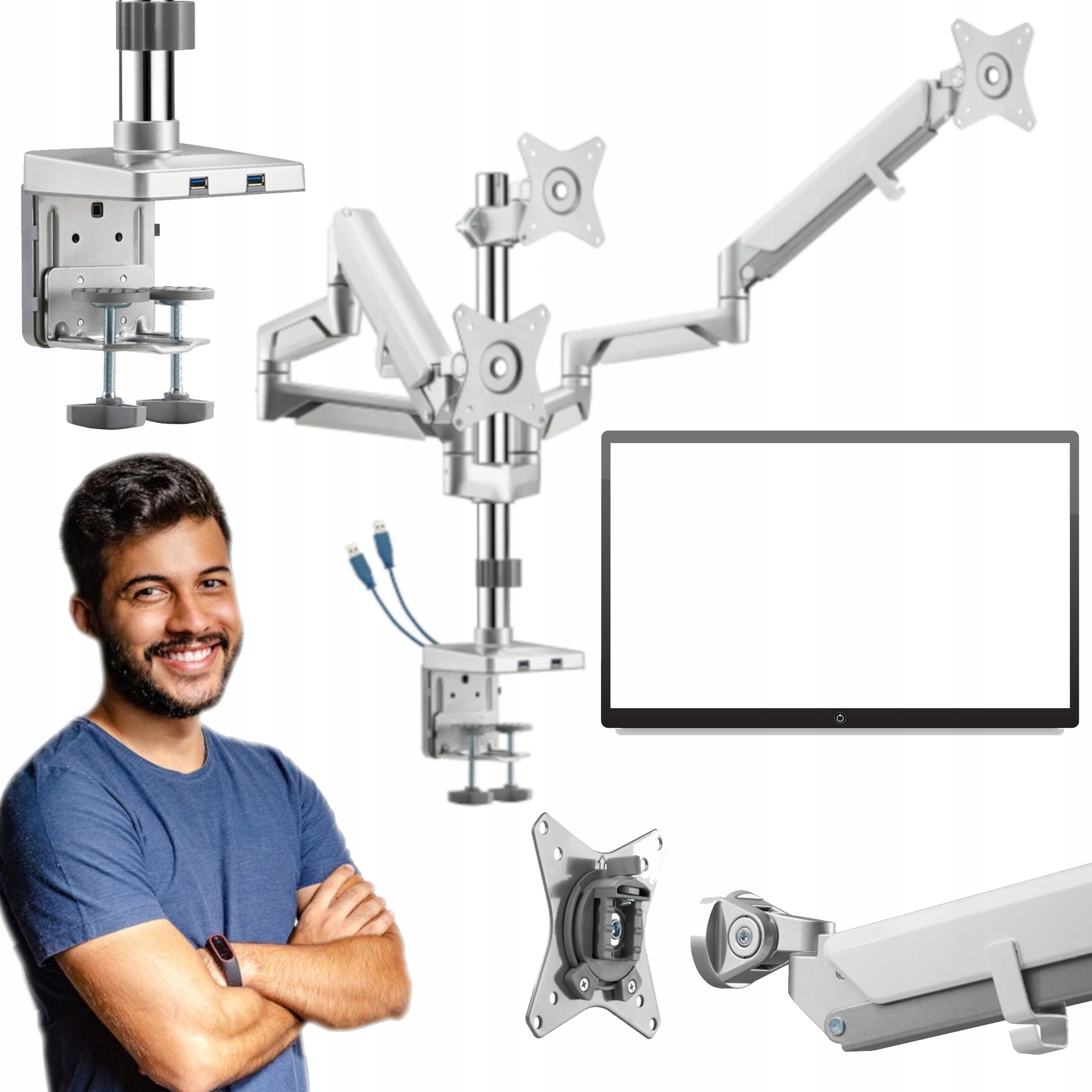 Stojan Pro 3 Monitory 17" 27" Plynová Pružina Standard Vesa 2X Usb Porty