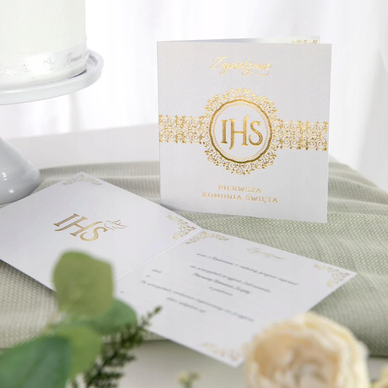 ZAPROSZENIE KOMUNIA ŚWIĘTA IHS BIAŁO ZŁOTE 10SZTUK Marka PartyPal