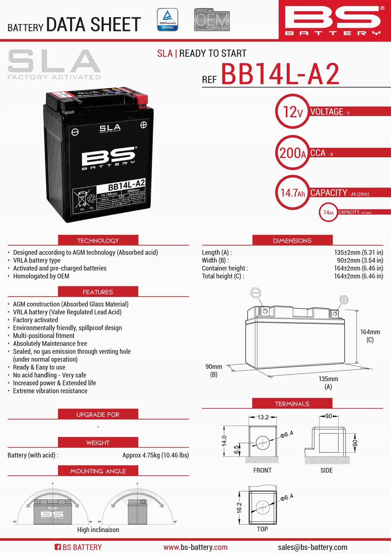 Bs Batéria BB14L-A2 (fa) (YB14L-A2,YB14L-B2) 12V 14AH 135X91X167 Bezúdržbový