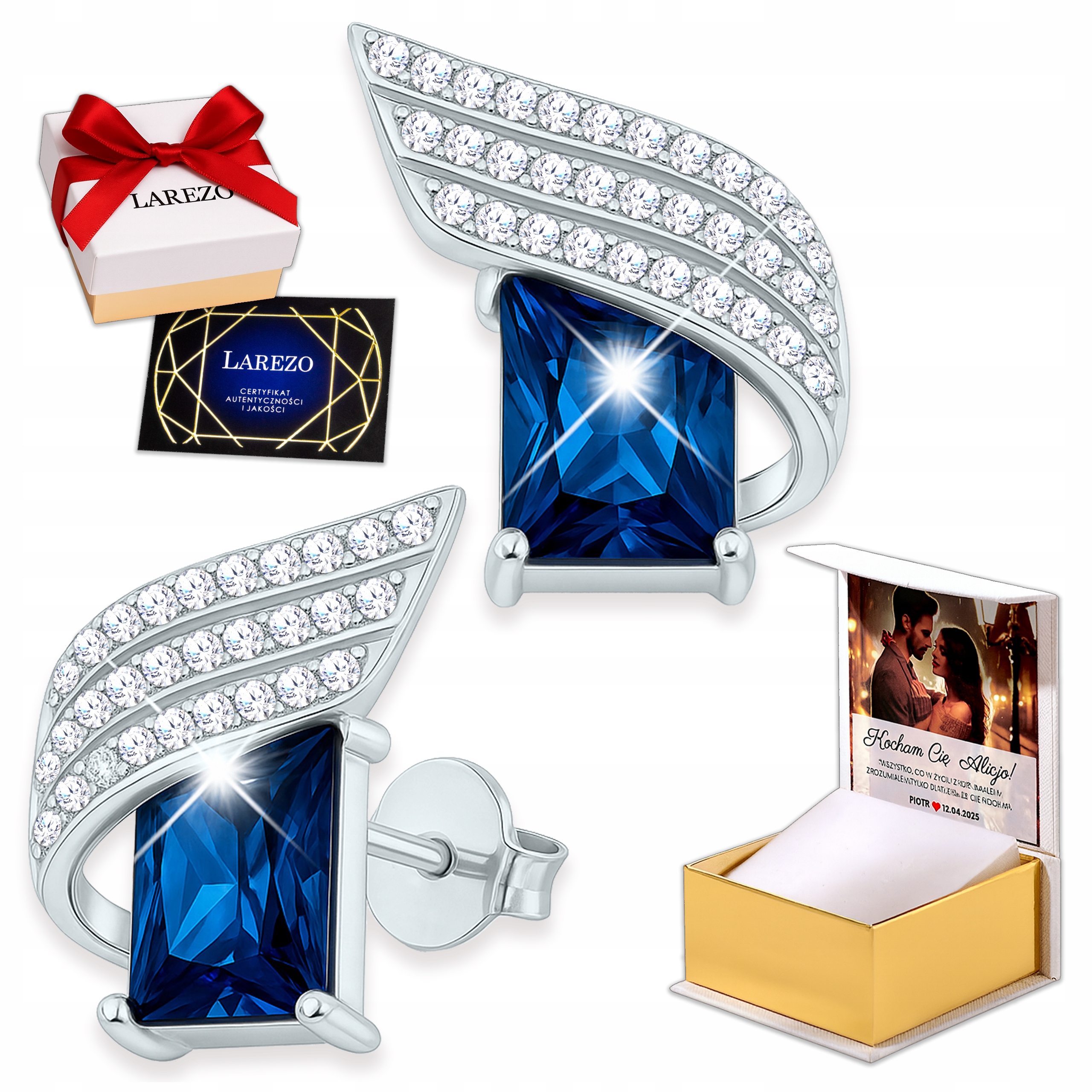 Stříbrné Náušnice 925 Modré čtverce Krystaly Křídla Zirkony Potisk