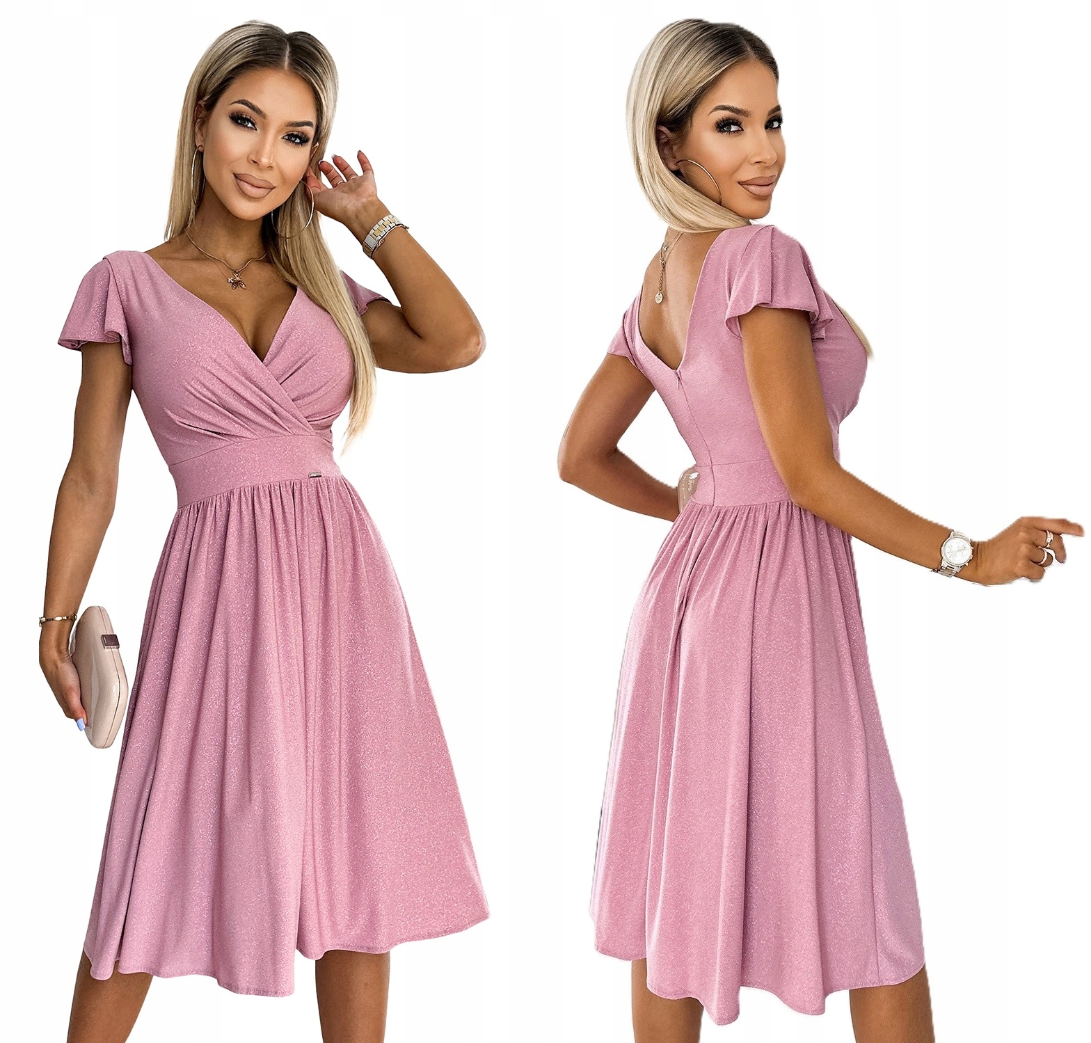 Ženské Šaty S Krátkým Rukávem Jarní Trend Pudrová Růžová Se Třpytkami S