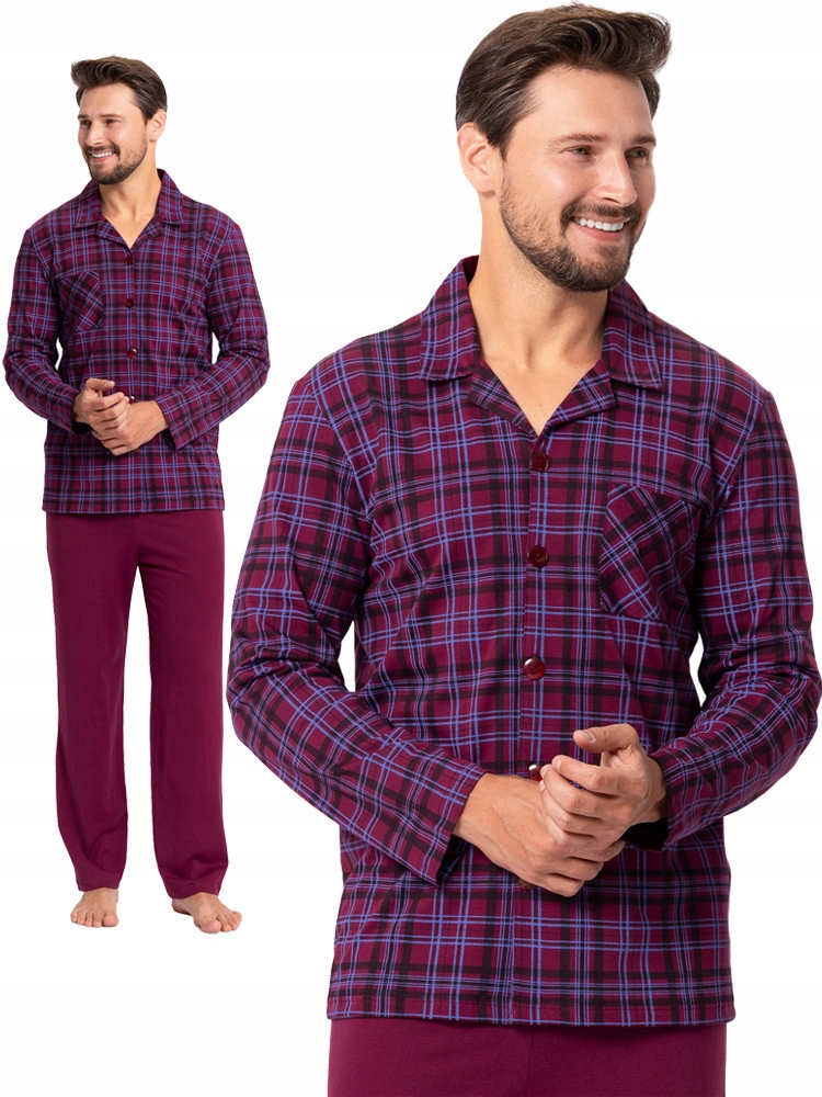 Hotberg Rodrigo klasické rozepínací pánské kostkované pyžamo bordó námořnická modrá XXL