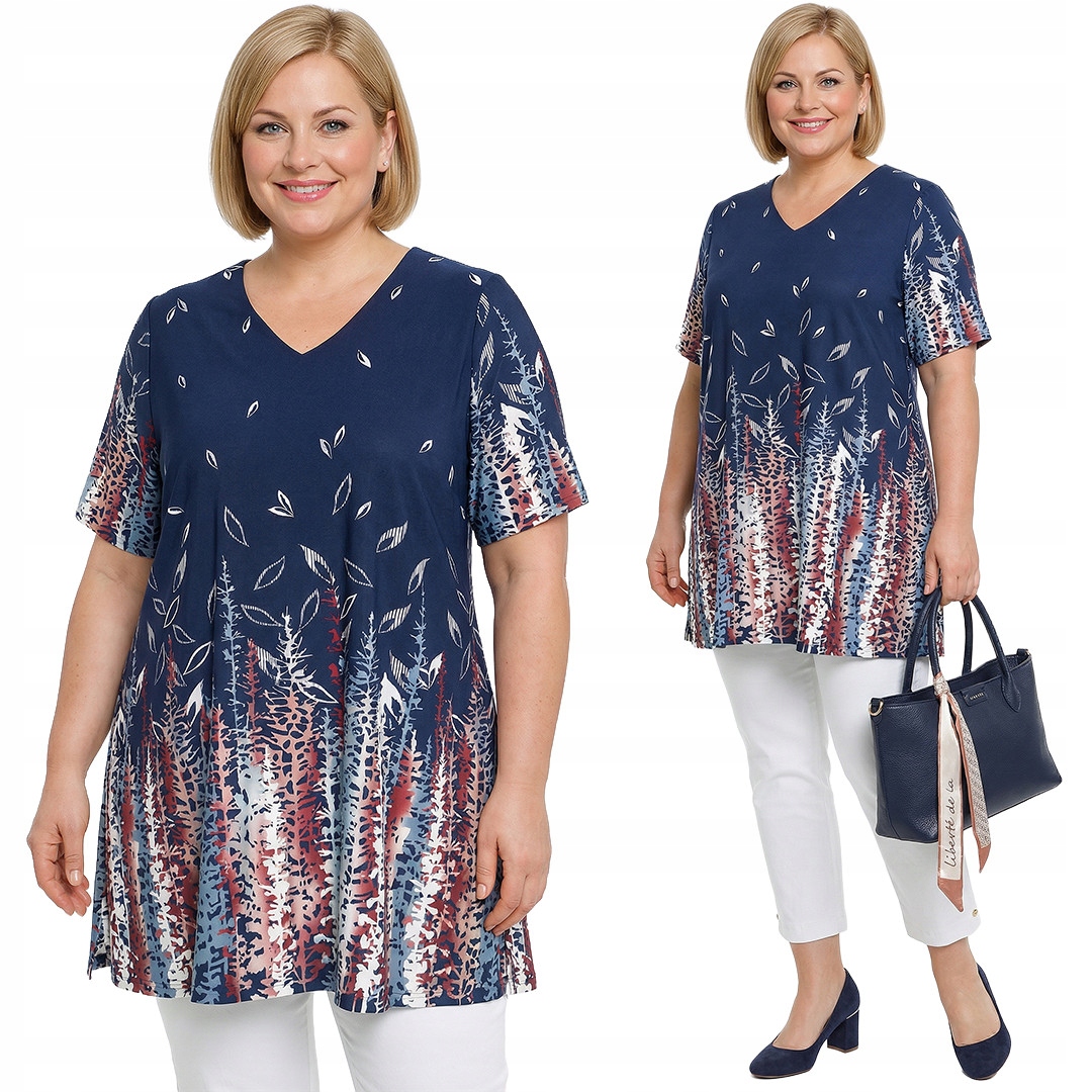 Tmavě modrá tunika s pastelovým vzorem plus size velikost 60/62