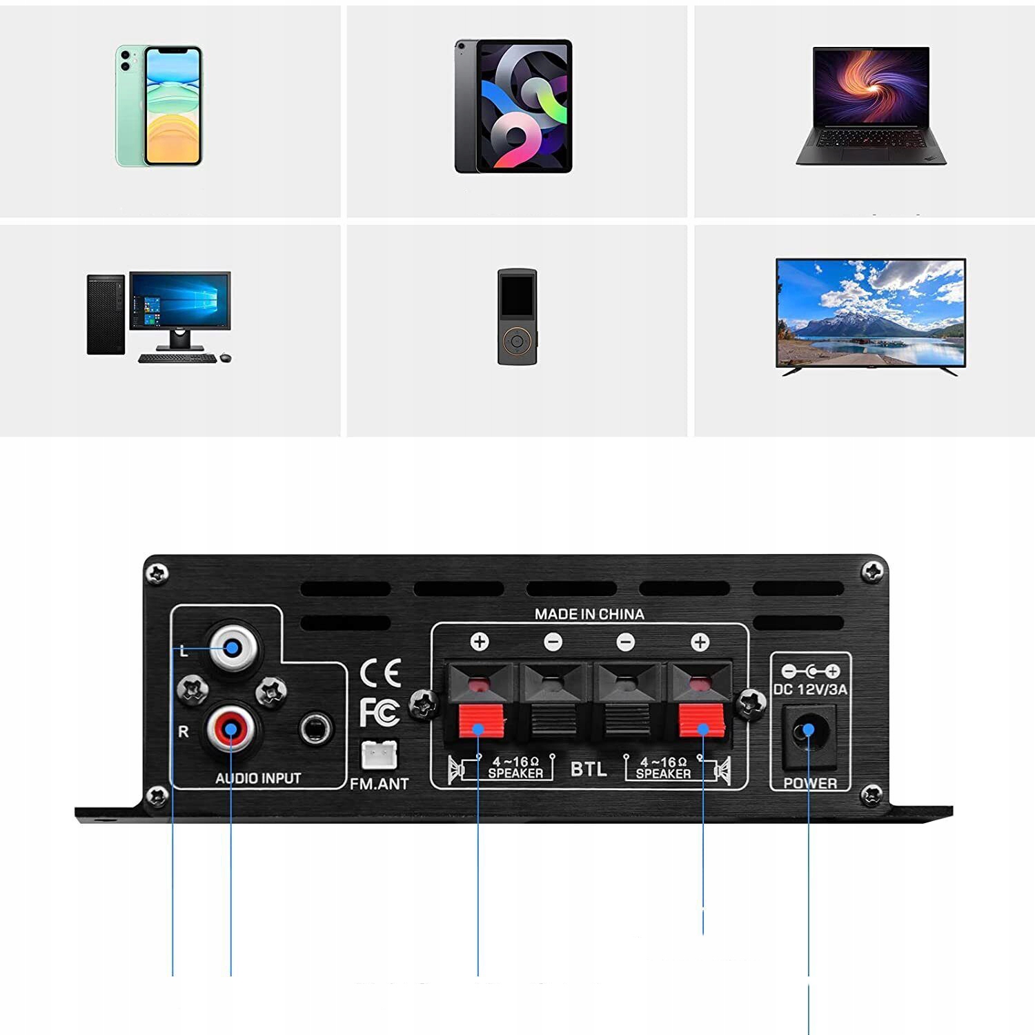 BLUETOOTH WZMACNIACZ AUDIO STEREO MINI WZMACNIACZ, DO DOMOWY, SAMOCHODOWEGO Pozostałe złącza USB