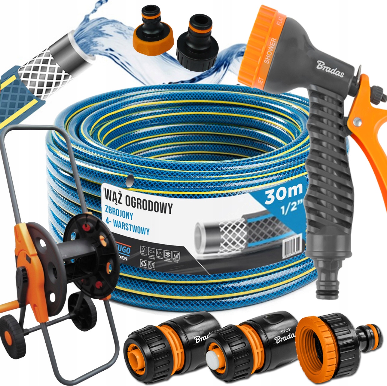 Hadice 1/2" 30 m 4 Vrstvy Pistole Vozík Set Bradas