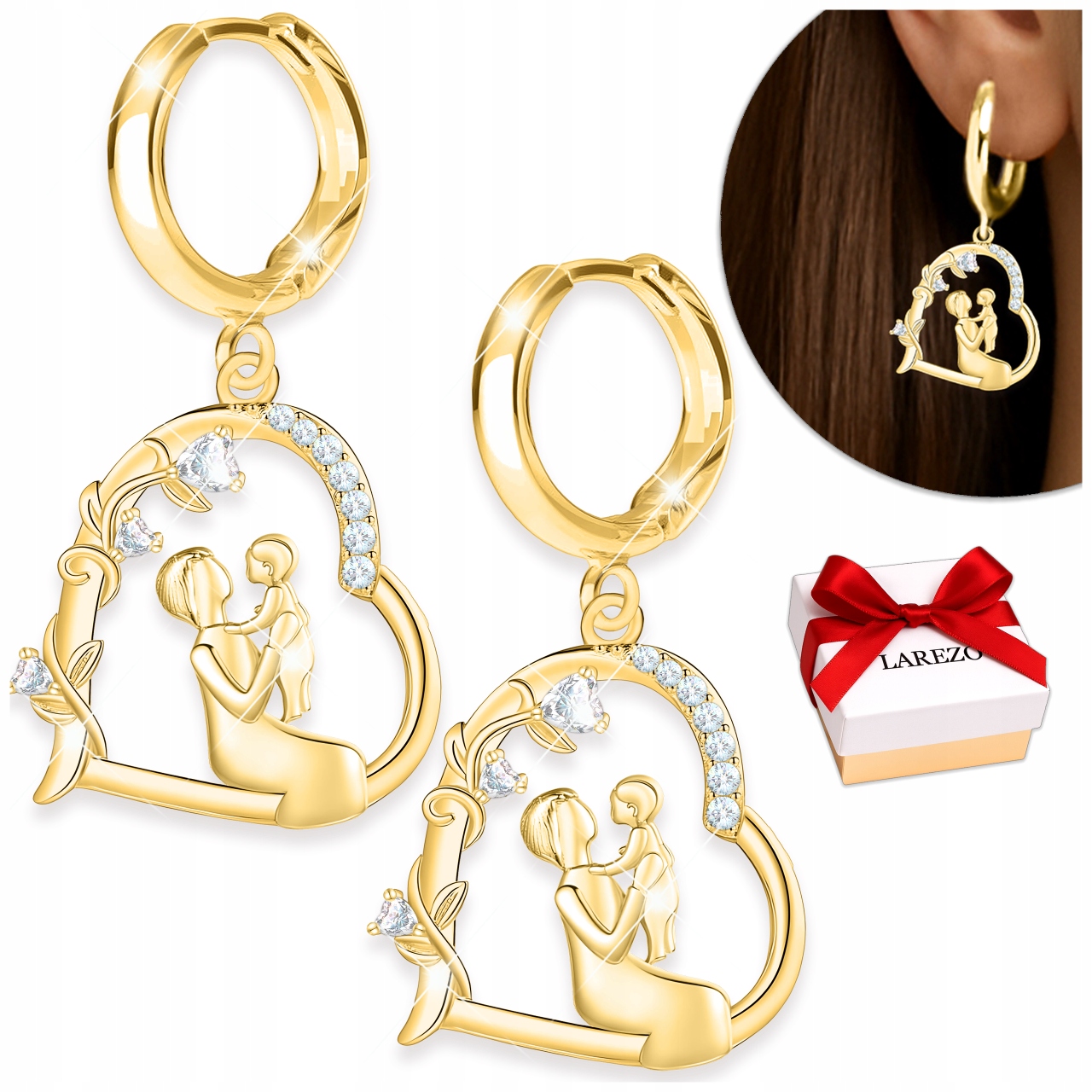 Zlaté Náušnice Velké srdce pro maminku se zirkony Maminka a dcera Stříbro 925