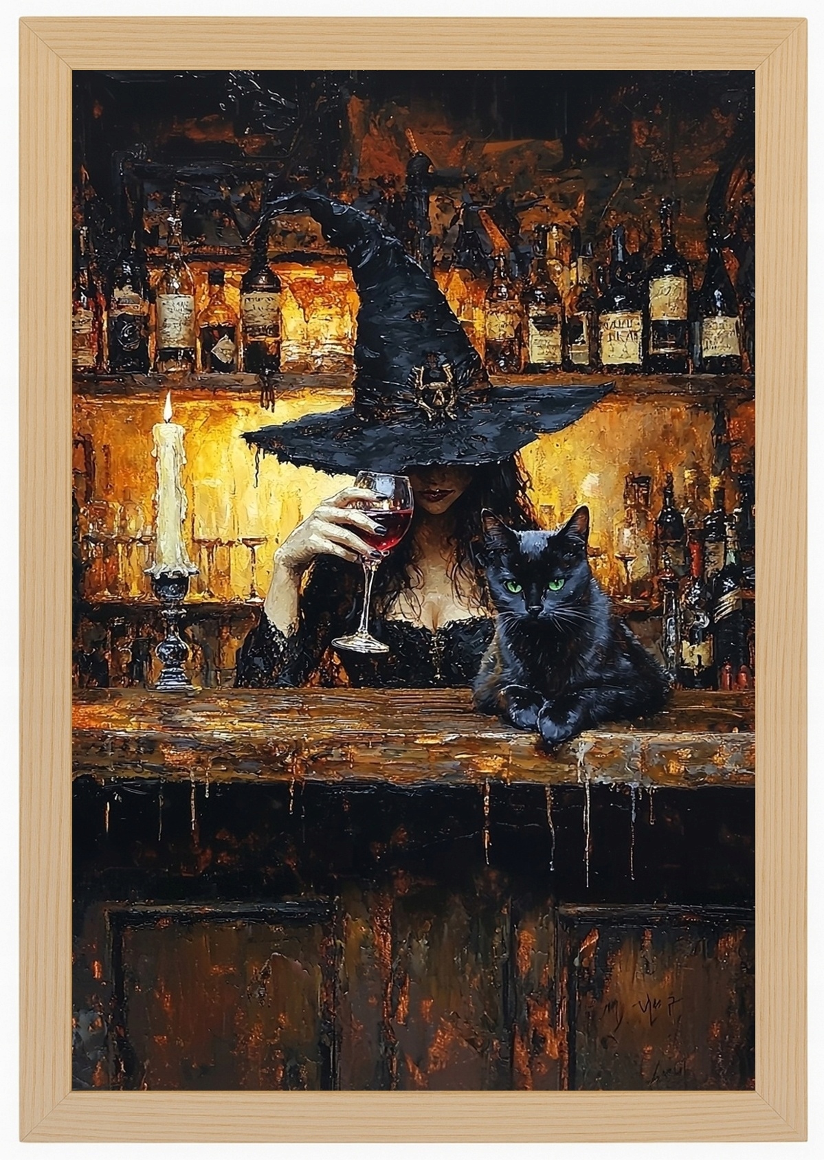 Plakát Rámeček Dřevo Portrét Čarodějnice Kočka Bar Víno 40x60