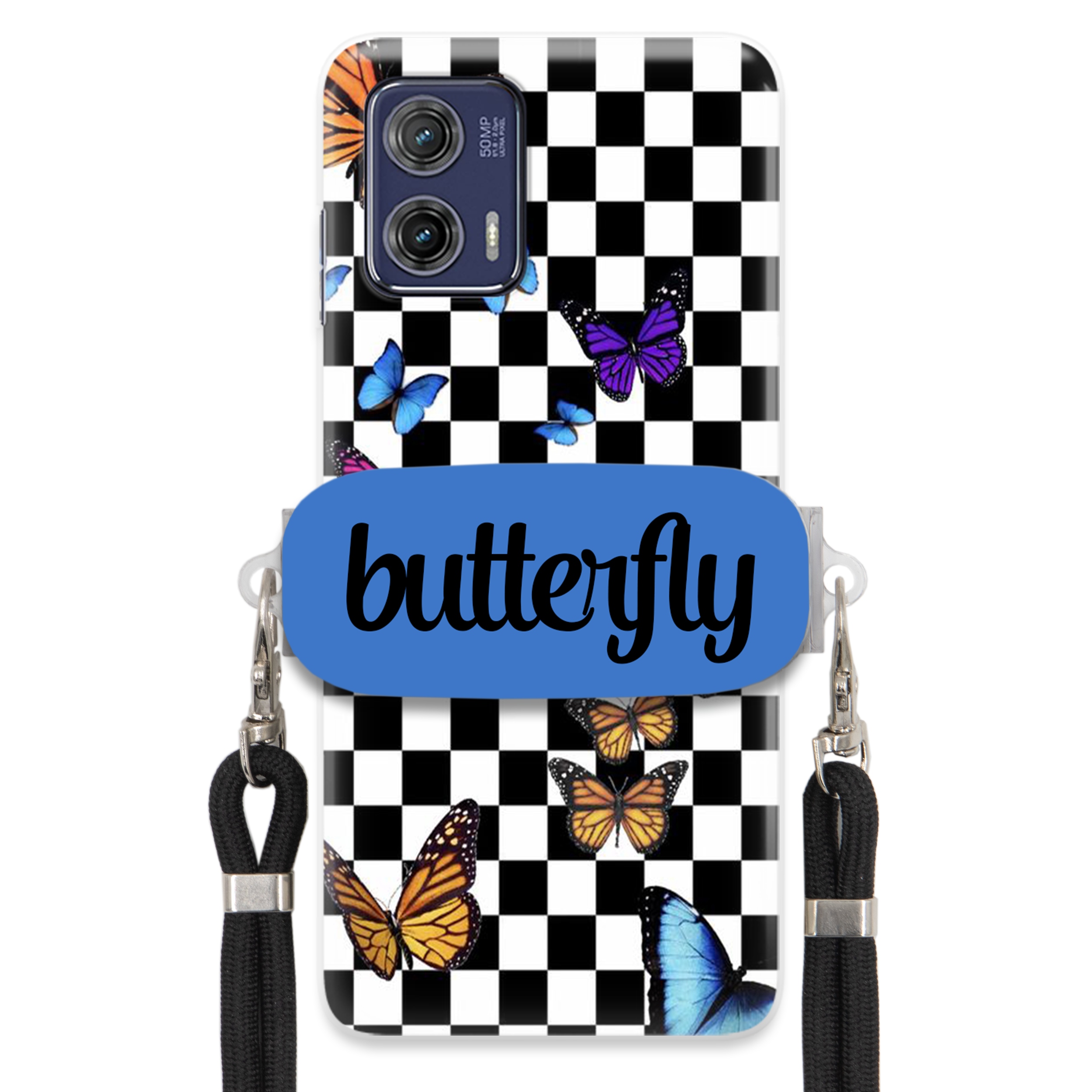 Pouzdro Pro Motorola G73 Case Obdélníkový Úchyt Černé Vodítko Butterfly Motýli