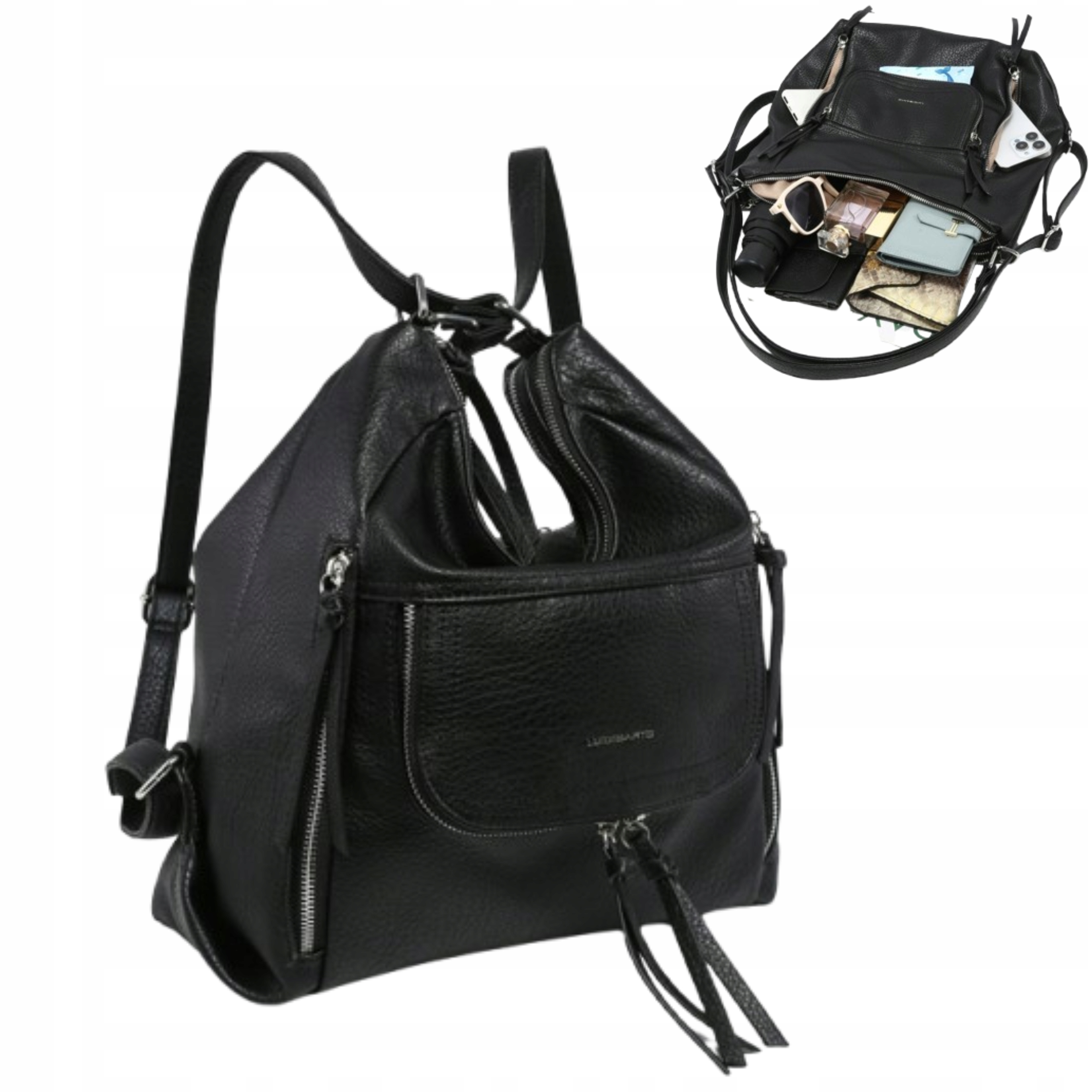 Černá dámská kabelka Městský Batoh Prostorný Stylový 2v1 Eko Kůže