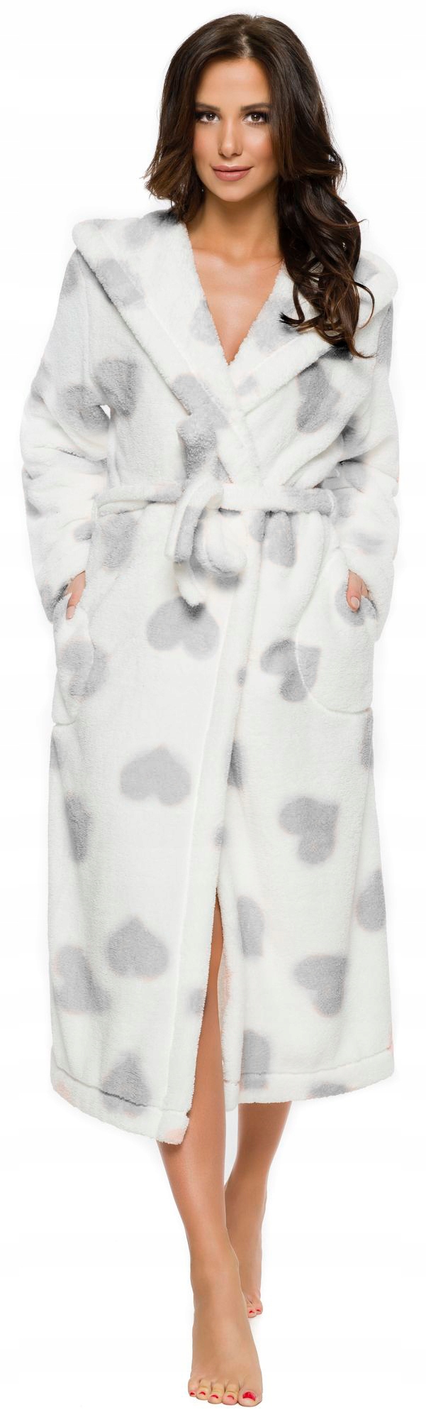 DŁUGI CIEPŁY PUCHOWY DAMSKI SZLAFROK PODOMKA L Kaptur z kapturem