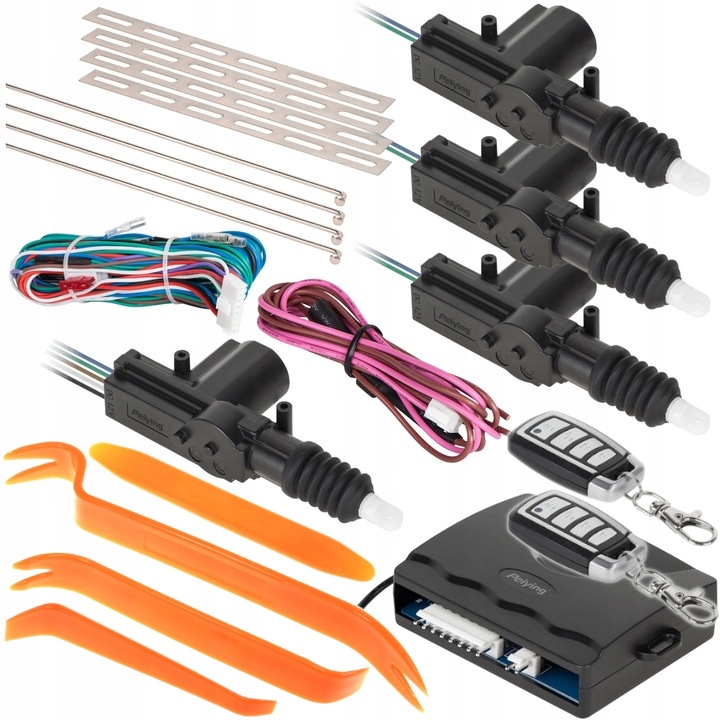 KOMPLET ZAMKA CENTRALNEGO 2 PILOTY SIŁOWNIKI UNIWERSALNY + ŚCIAGACZE