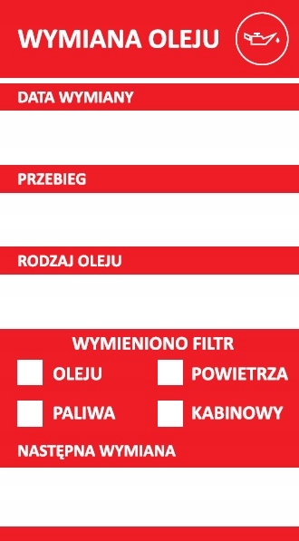 Naklejka serwisowa kartka Wymiany Oleju 100 szt
