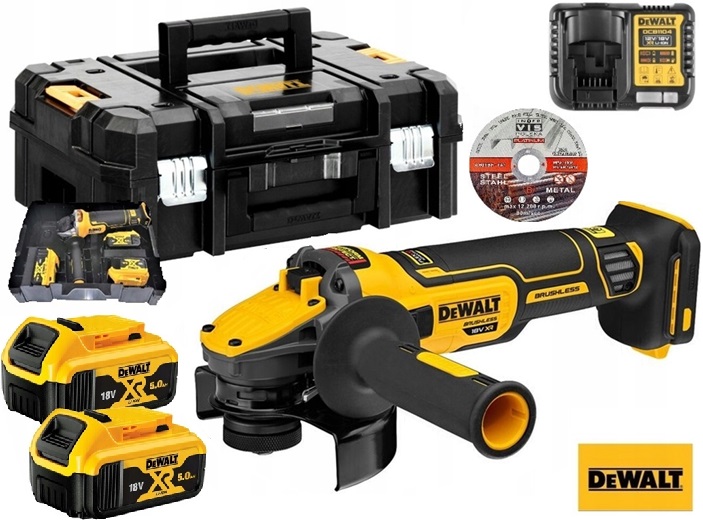 DeWALT Xr 18V Szlifierka DCG409NT, 2x DCB184 5.0Ah, DCB1104, Tstak II, Inox