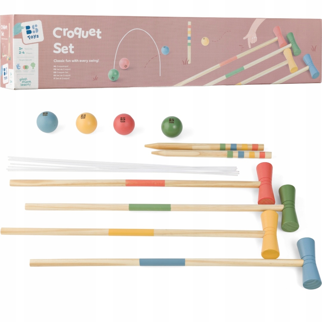Bs Toys, Krokiet Drewniana Gra Ogrodowa dla Dzieci 2-4 graczy, Krykiet 3+