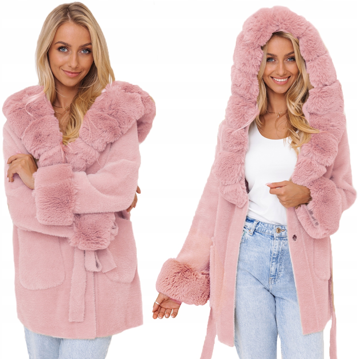 Měkká Alpaka S Kožíškem Kabát alpaka S Páskem Pudrová Růžová