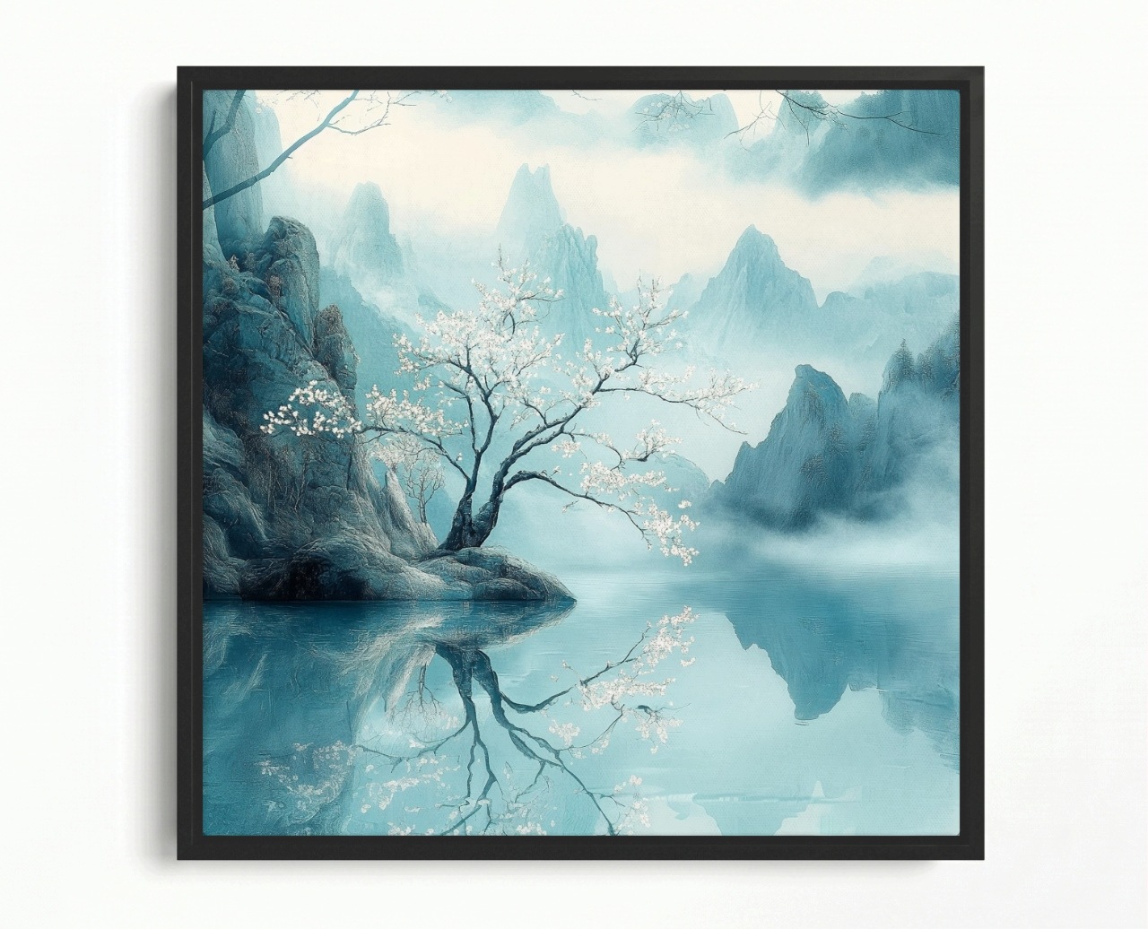 Obraz Rám Americká Krajina Asie Japonsko Turkus Hory Mlha Sakura 50x50