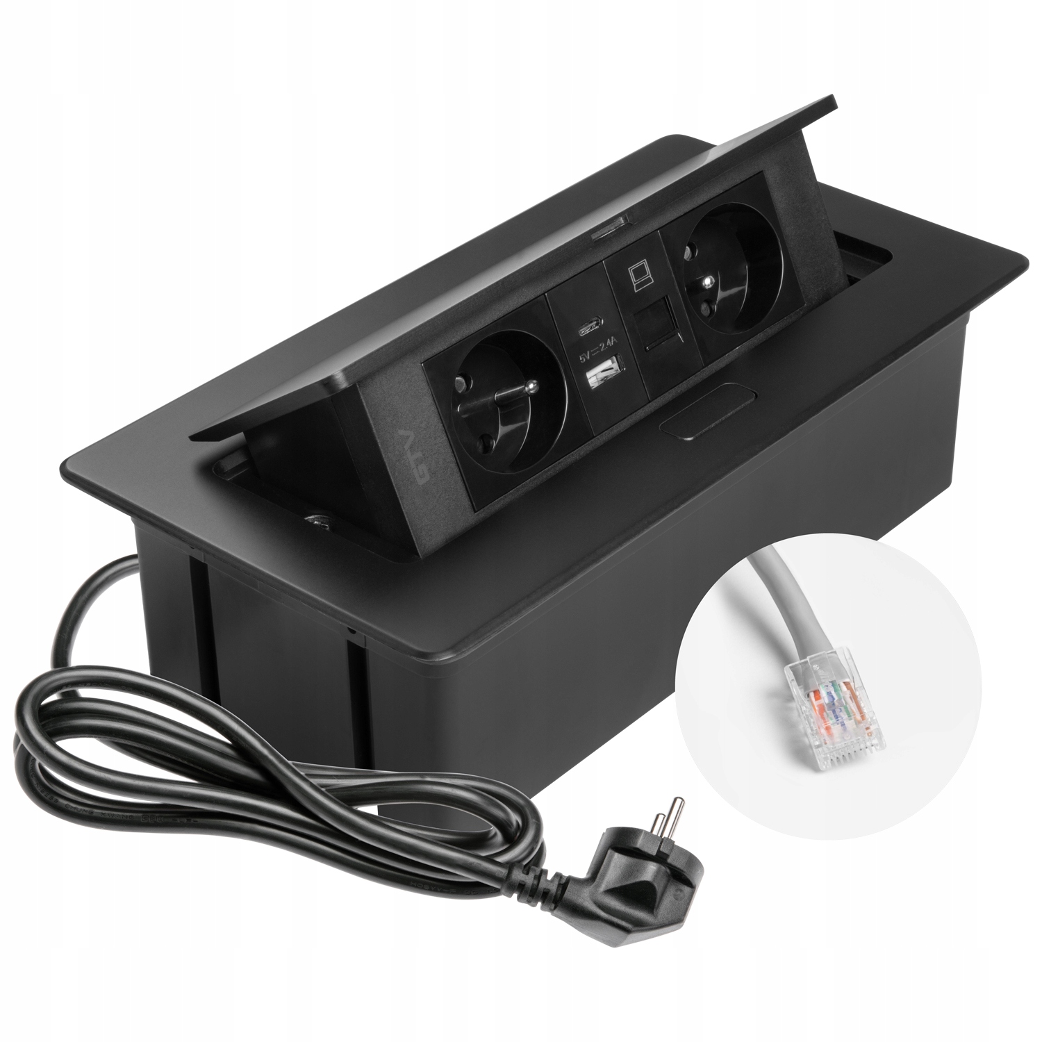 Gniazdo meblowe Multisoft wpuszczane w blat 2xgniazdo Usb RJ45 Gtv czarne